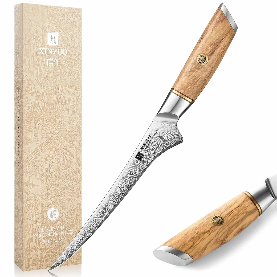 XINZUO 17,8cm Coltello per Sfilettare Acciaio a Polvere di Damasco a 73 Strati -Professionale Coltello da Filetto Cucina Bordo Disossare Pesce e Carne -Manico in Legno d'Ulivo