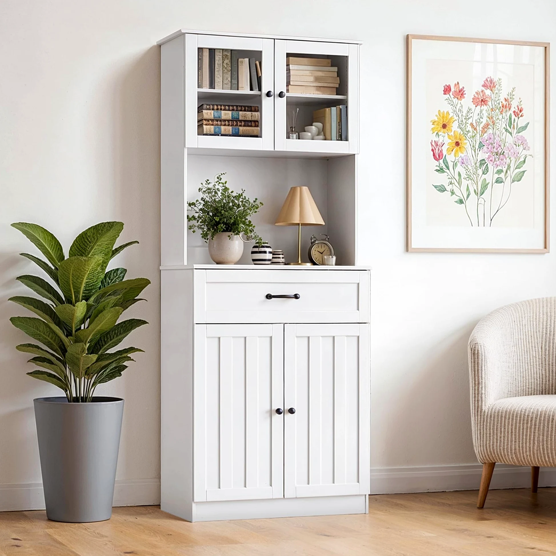 Credenza Cucina Alta,Mobile Dispensa Cucina,Armadio Buffet con 4 Ante e 1 Cassetti,con Ripiani Regolabili Scaffale per Microonde,73 x 40 x 180CM, Bianco