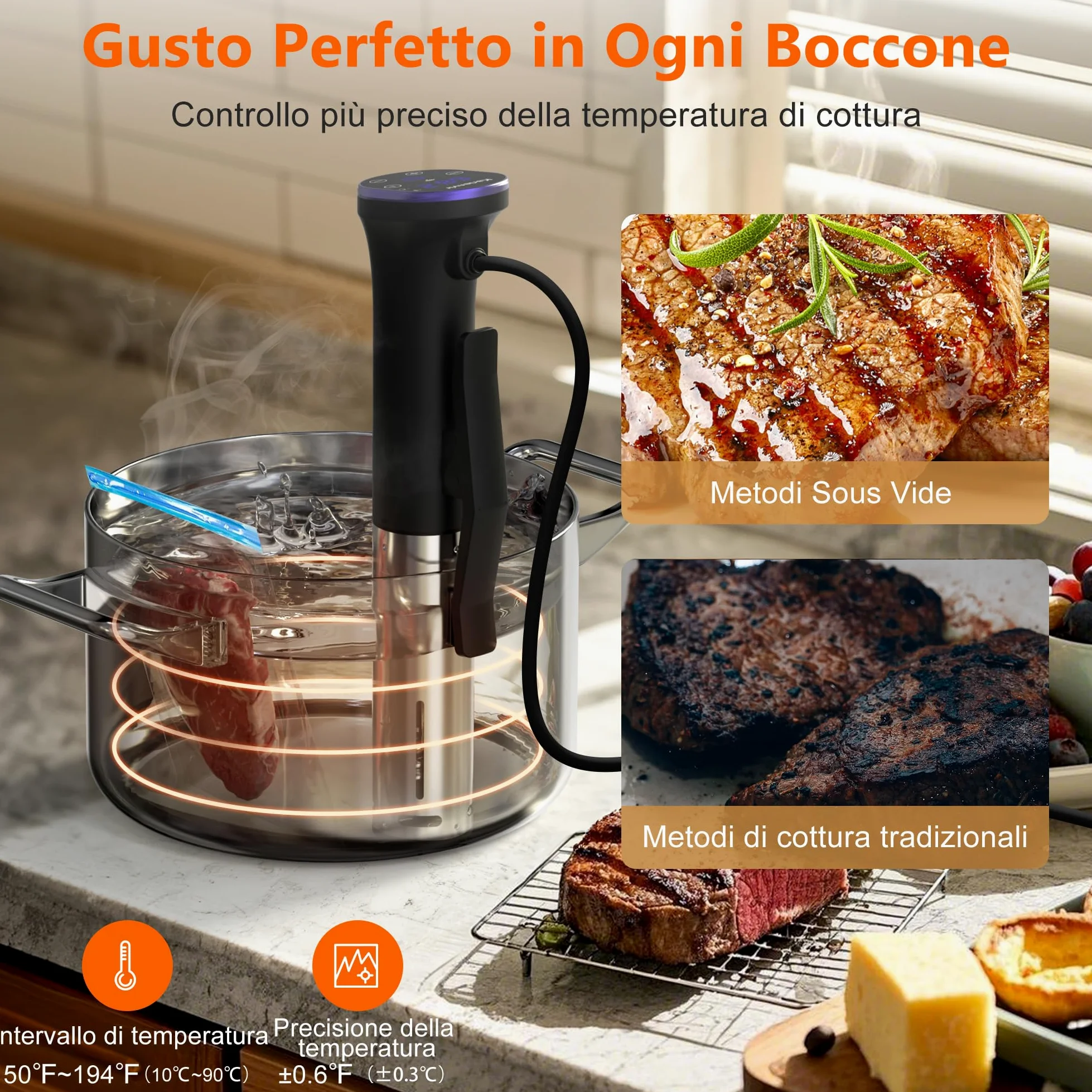 WiFi Sous Vide Roner 1100W, Wi-Fi Roner Cucina a Bassa Temperatura con Controllo APP e Controllo Accurato Della Temperatura, LED Display, Impermeabilità IPX7, 10℃-90℃