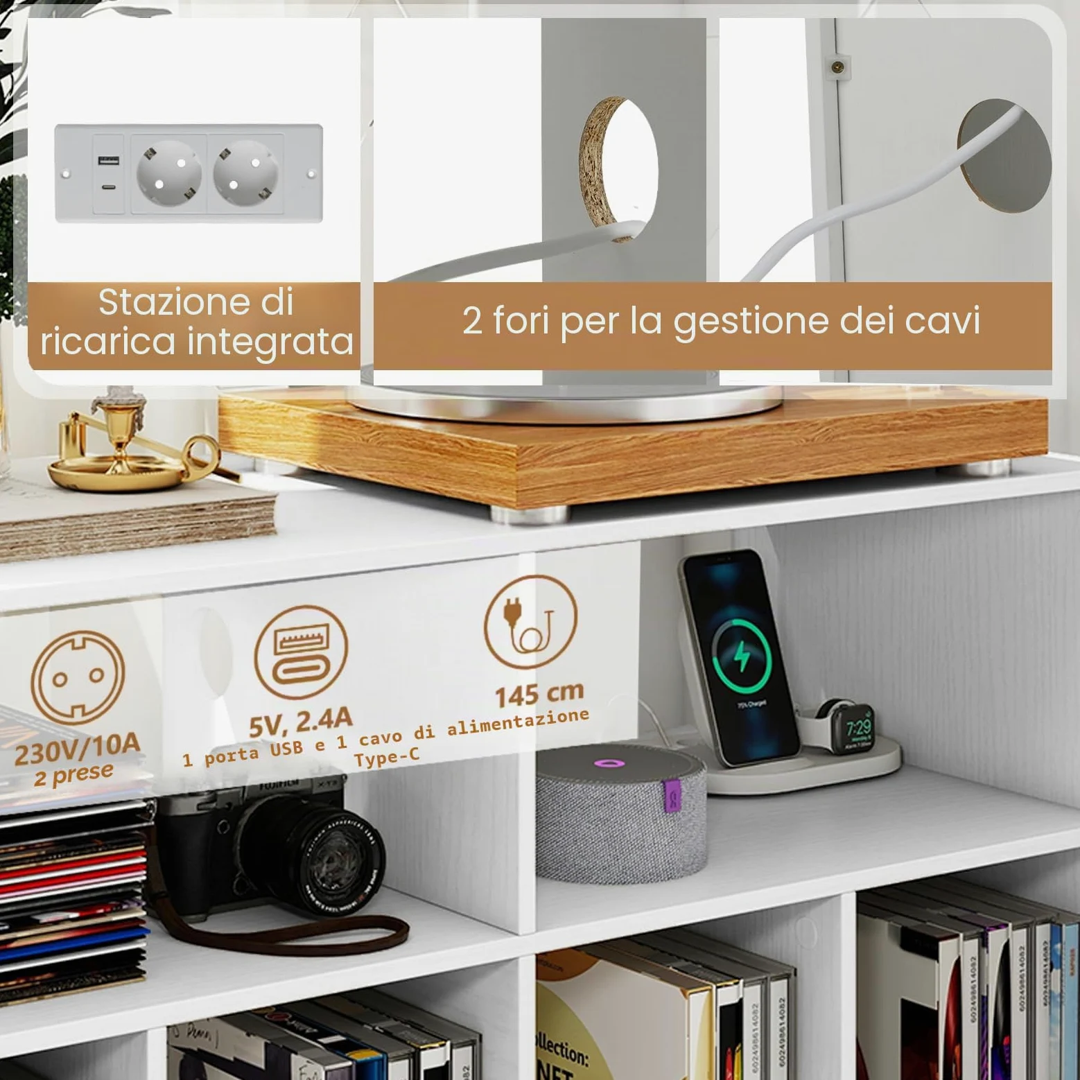 KOMFOTTEU Supporto per Giradischi a 3 Livelli, Mobile Vinili con 4 Scomparti e 2 Ripiani Aperti, Espositore per Dischi con 5 Gambe in Metallo (Con Stazione di Ricarica, Bianco)