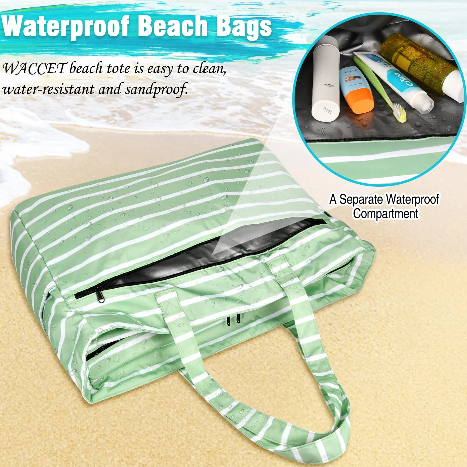 Borsa Mare Donna Grande, Borsa Spiaggia Donna Impermeabile con Zip Borse Mare Grande XXL Famiglia 50L Pieghevole Leggera Borse Beach Tote Bag per Spiaggia, Viaggio, Vacanza, Piscina