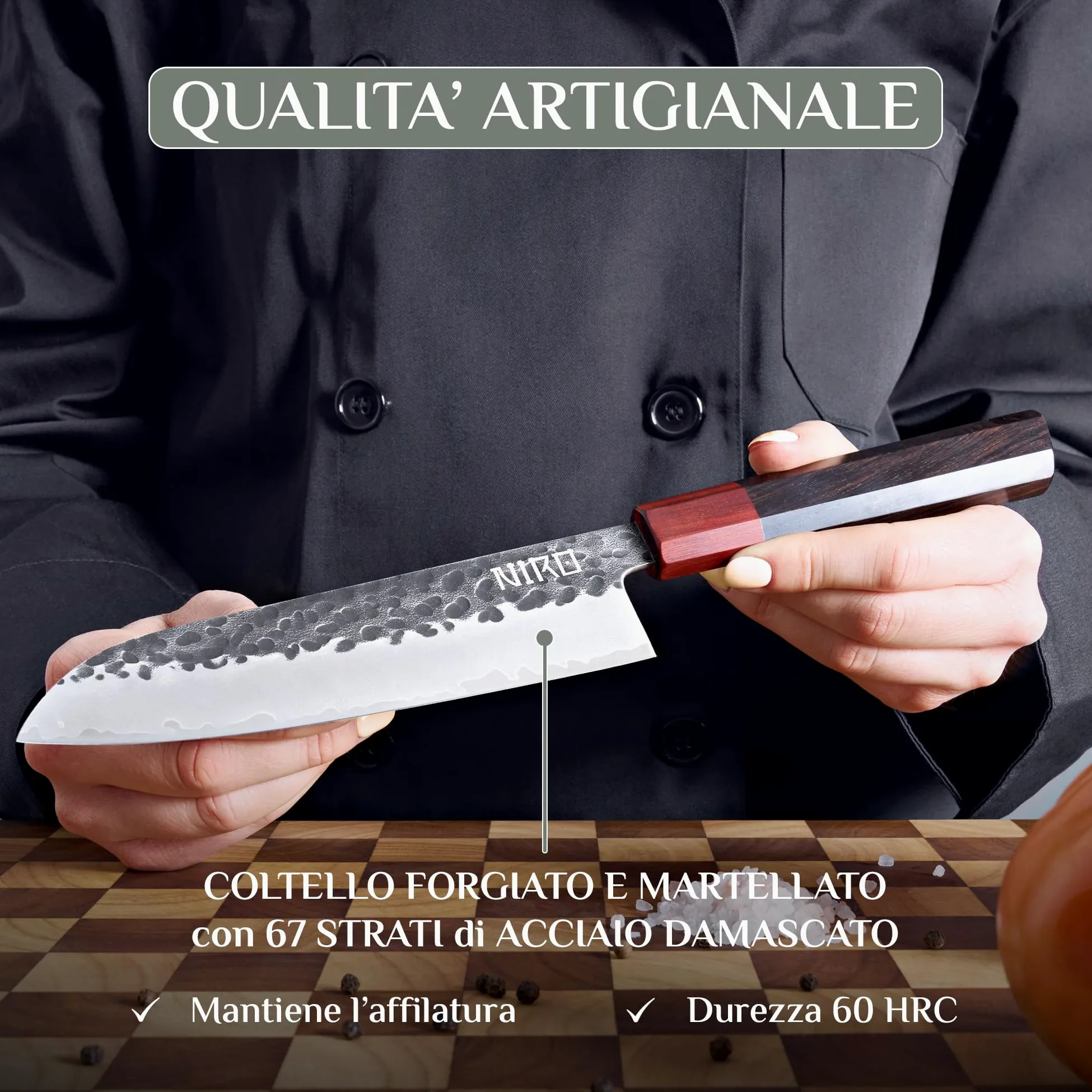 NIRO Coltello Professionale Giapponese Santoku in Acciaio Damascato, 67 Strati, Durezza 60 HRC, Manico Pregiato in Ebano e Sandalo, Bilanciamento perfetto, Resistente all’usura