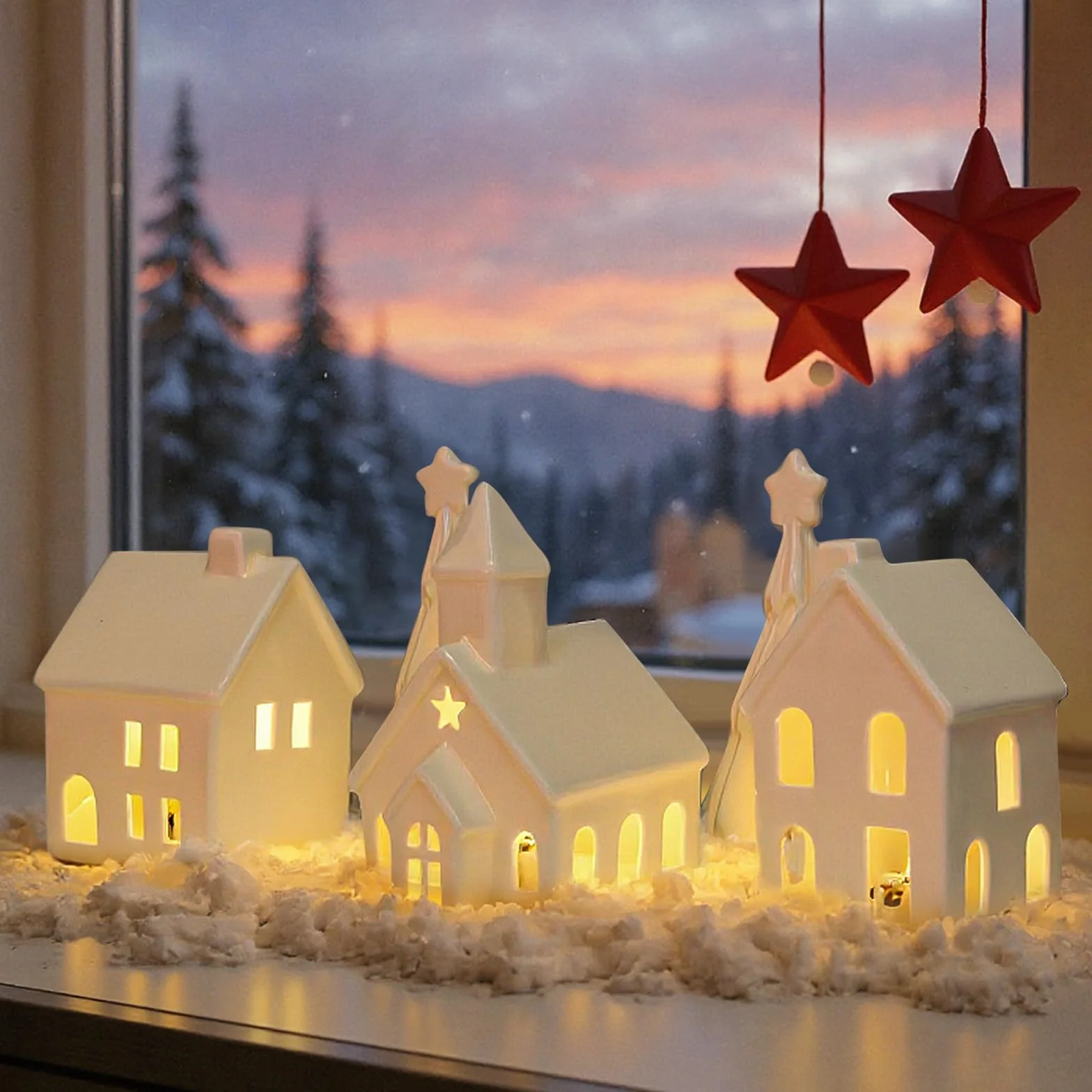 Casa di villaggio di Natale decorazioni natalizie bianche con alberi ceramica luce LED da tavolo