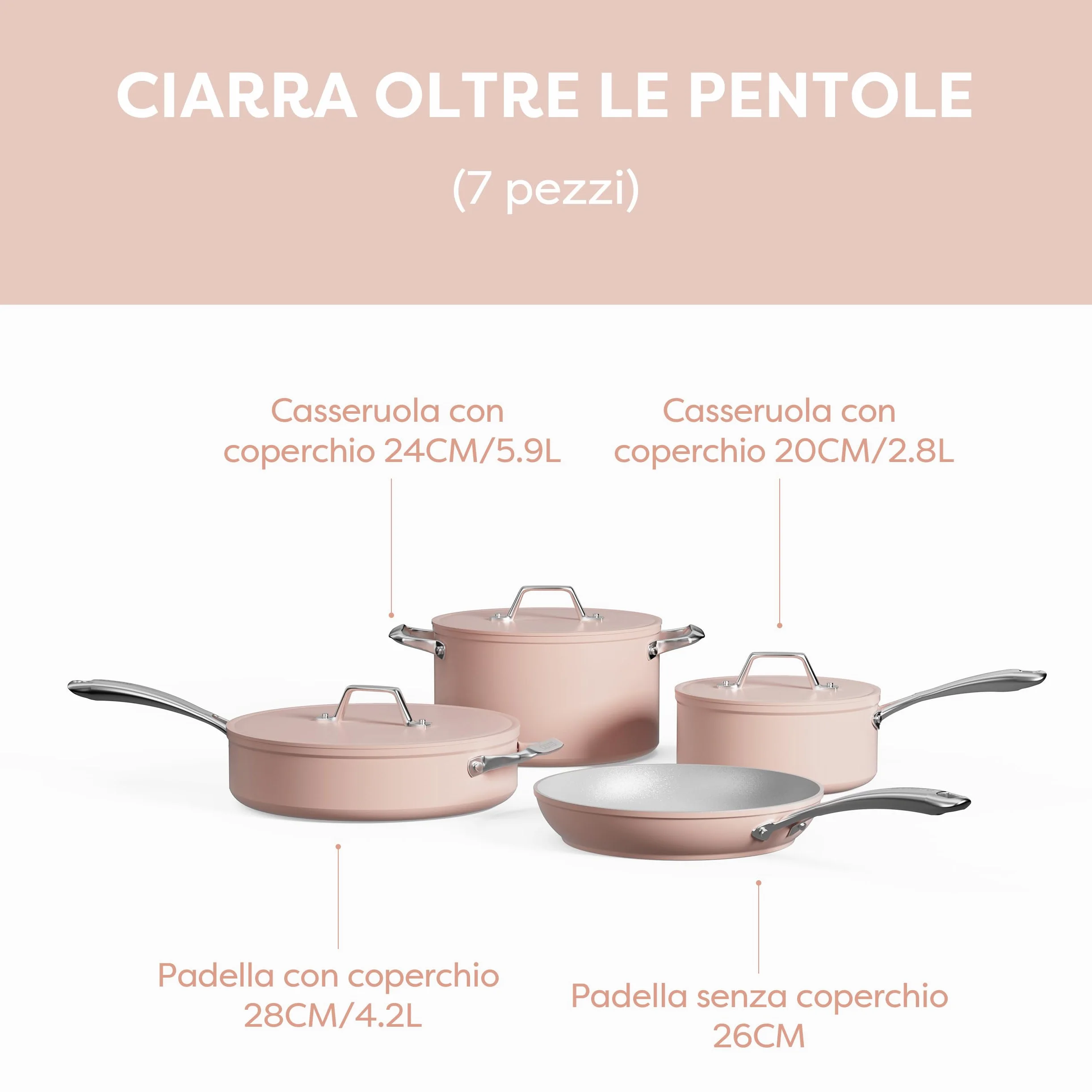 Ciarra Beyond - Pentole Set 7 pezzi - Padella 26 cm - Padella 28 cm/4,2 L - Casseruola 24 cm/5,9 L e 20 cm/2,8 L - Rivestimento antiaderente - Tutte le fonti di calore compresa induzione-Rosa