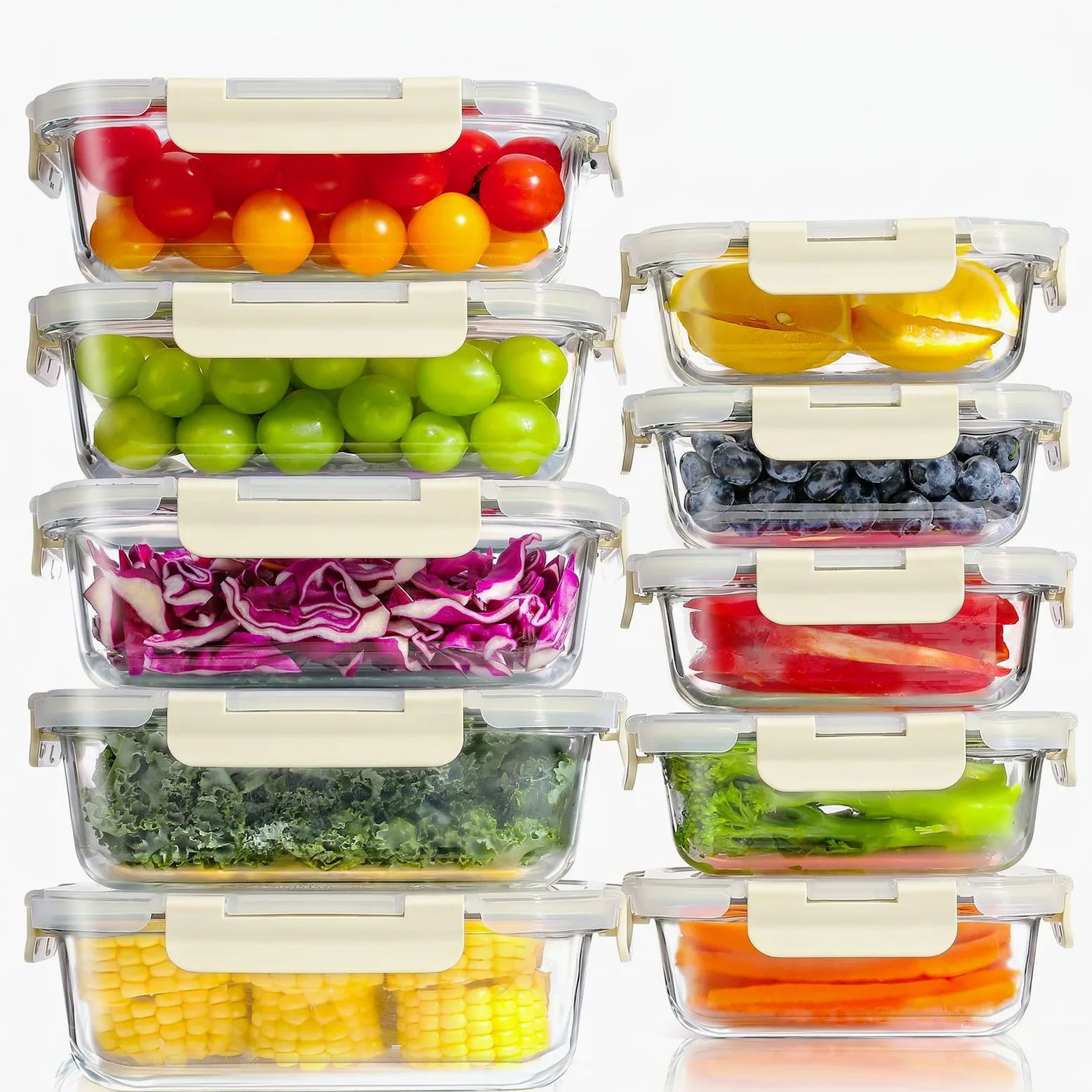YASHE Set 10 Contenitori Vetro per Alimenti con Coperchi Ermetici, Senza BPA, Adatti a Microonde, Forno, Frigo e Congelatore, per Meal Prep, Bianco