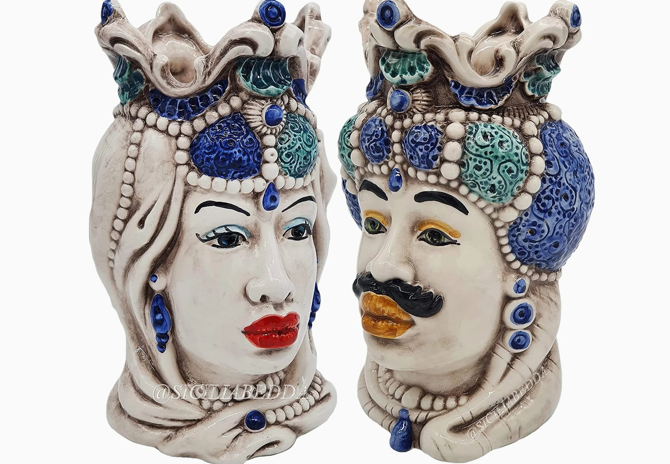 sicilia bedda - Teste di Moro Siciliane in Ceramica di Caltagirone - Realizzato Interamente a Mano - Altezza 18 Centimetri (Coppia Teste di Moro Blu)