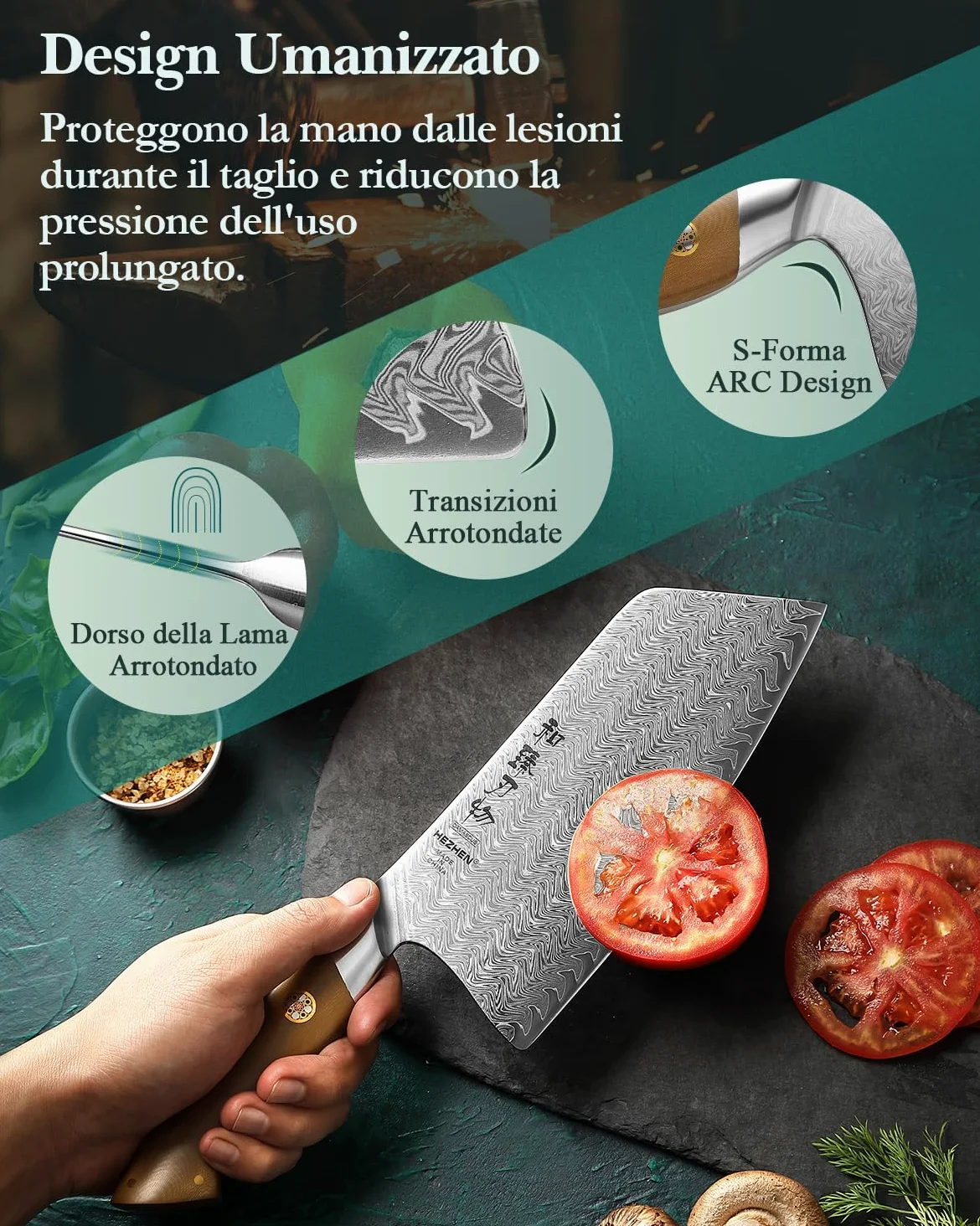 HEZHEN Mannaie per Carne Acciaio Damasco,Coltelli Mannaie da Chef Cinesi Professionale, Coltelli da Cucina Multifunzionale, Full Tang Manico