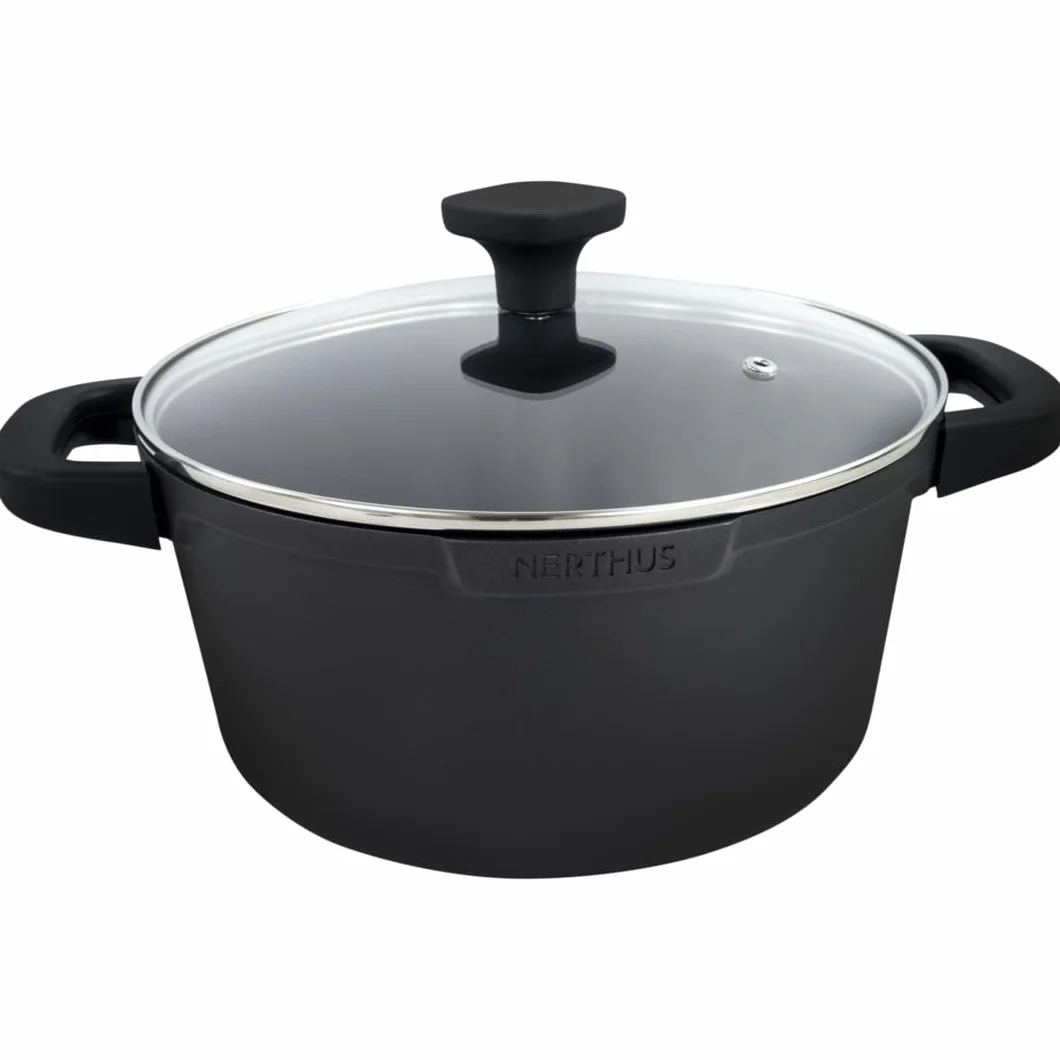 Nerthus FIH 1555 casseruola alta in alluminio pressofuso con rivestimento antiaderente quantanium adatta a induzione gas e vetroceramica coperchio in vetro con valvola e manici in silicone removibili