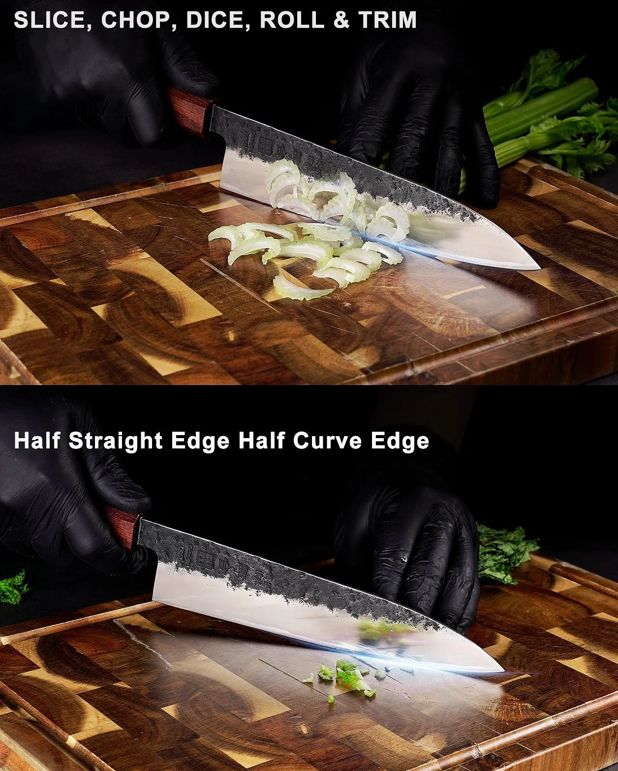 Kanngou Coltello Giapponese Professionale 21cm, Coltello da Cucina Forgiato a Mano in Acciaio AUS-8, Manico Ebony