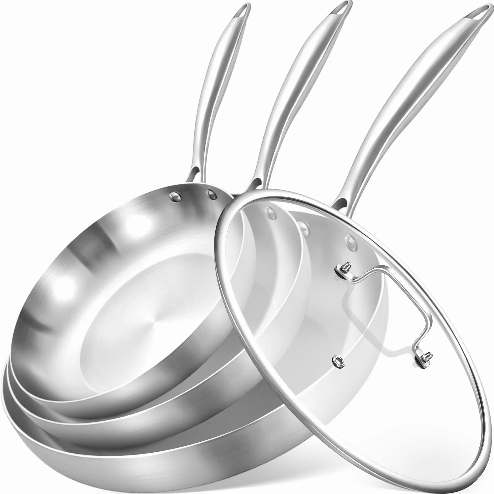 Inqibee Set di padelle in acciaio inox, 20/24/28 cm, con coperchio, in acciaio inox, non rivestite, per cottura a induzione e tutti i piani cottura, adatto al forno, lavabile in lavastoviglie