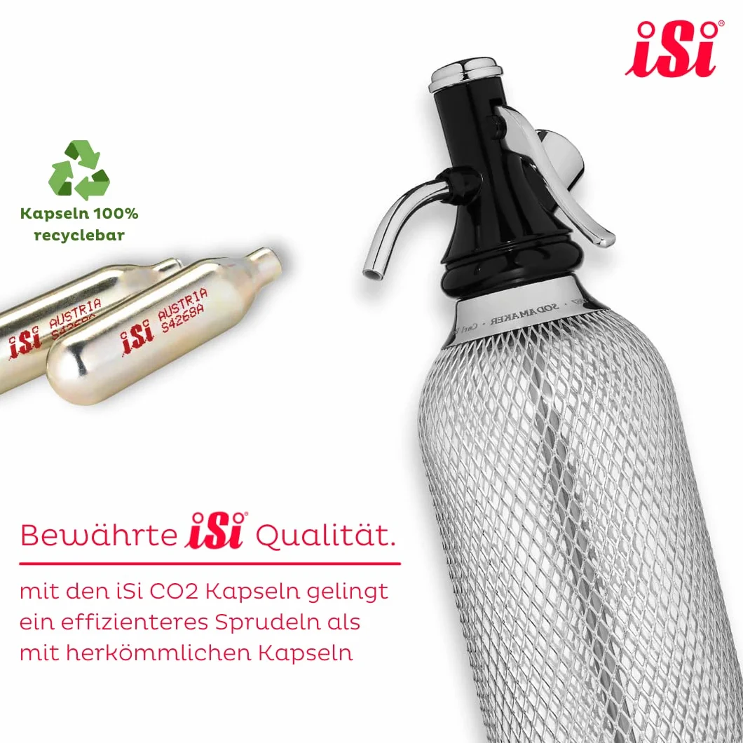 iSi Soda Maker Classic - Set regalo con 2 bicchieri e 10 capsule di soda, sifone di soda 1 l, in acciaio inox, accessori per bar per acqua frizzante