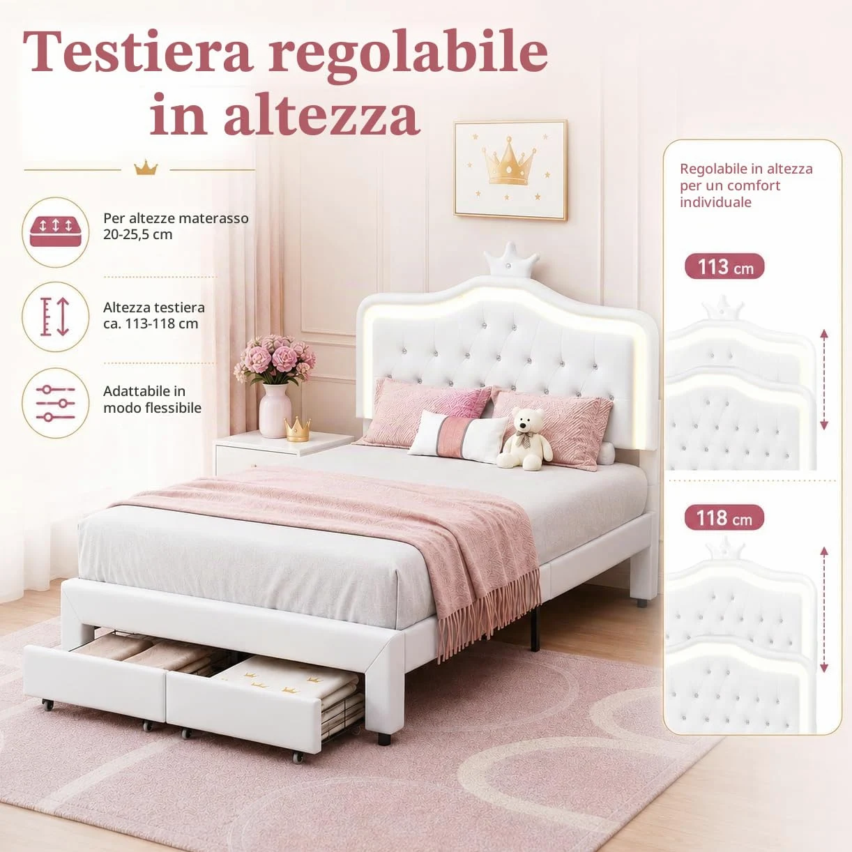 Letto imbottito 140 x 200 cm, letto principesse con illuminazione a LED, Letto matrimoniale con Testiera regolabile a forma di corona, Letto per bambini con rete a doghe e cassetto, senza materasso