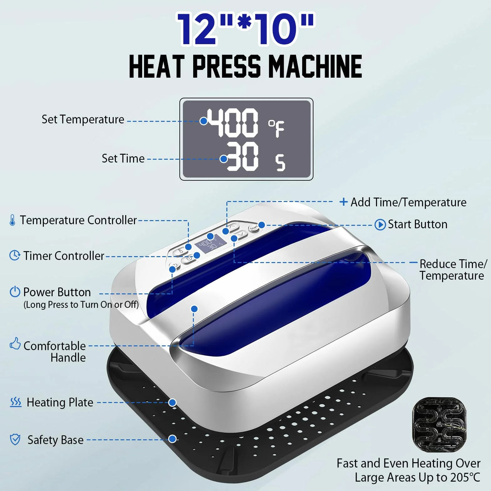 Pressa a Caldo 30×25 cm/12"x10", Pressa Transfer Portatile, Heat Press a Riscaldamento Rapido per Sublimazione e Vinile HTV, Pressa per Magliette, Cuscini e Progetti DIY (Blu)