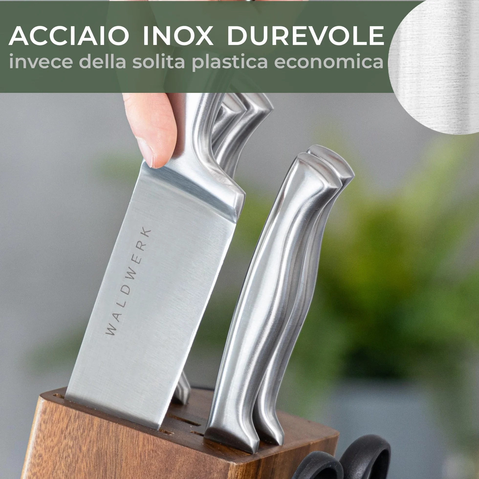 WALDWERK Blocco Coltelli - Set coltelli da cucina 7 pezzi con blocco porta coltelli e affilacoltelli integrato - ceppo coltelli da cucina - set coltelli da cucina professionali
