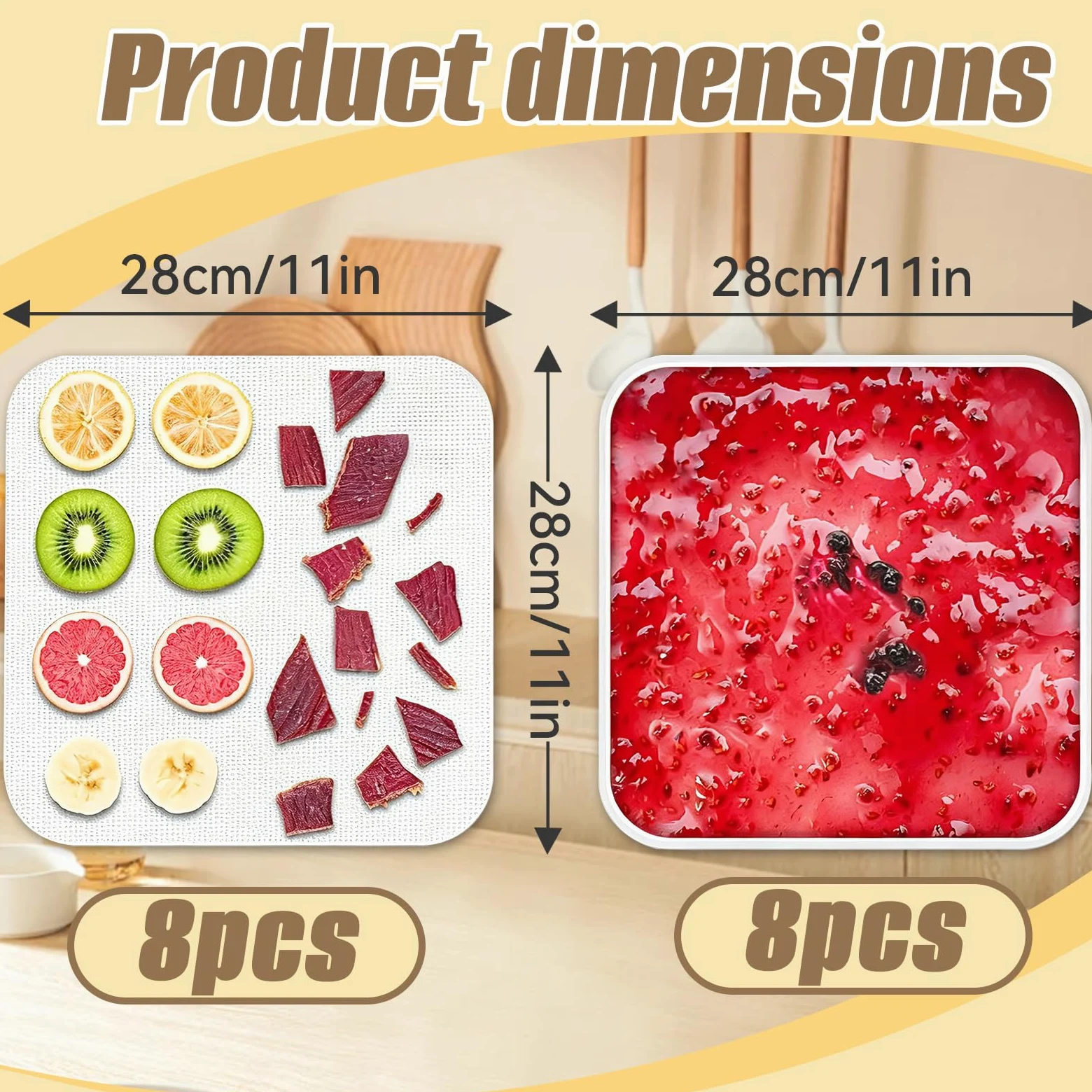 16 Pezzi Fogli Disidratatore in Silicone, 28 x 28 cm Pellicole Antiaderenti con Bordo, Riutilizzabili BPA-Free, Tappetini a Rete per Essiccatore di Frutta, Alimenti, Cottura al Forno