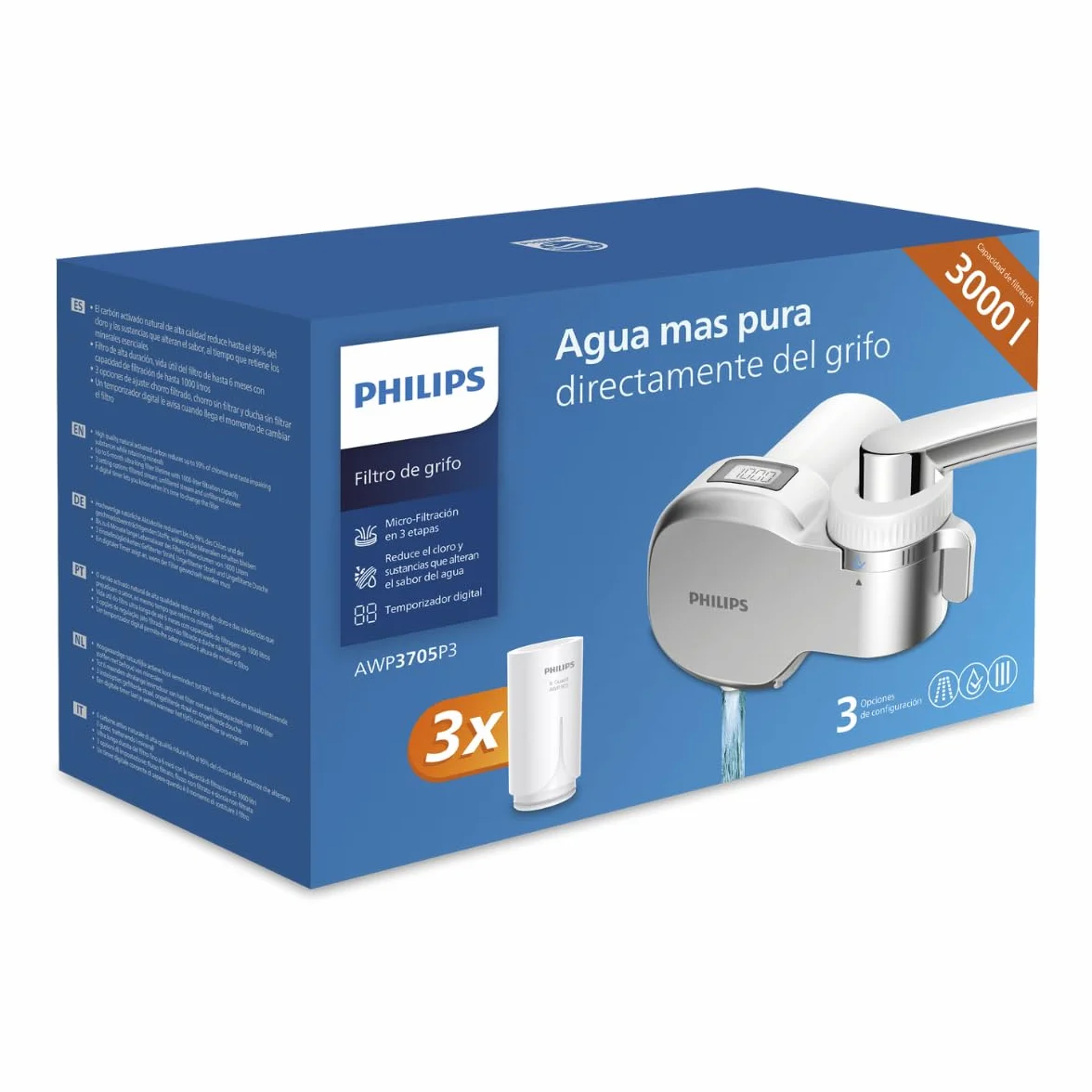 Philips Water Ontap Filter AWP3705P3/10 MICROFILTRAZIONE con DISPLAY DIGITALE 3 Cartucce di Ricambio 1000 L