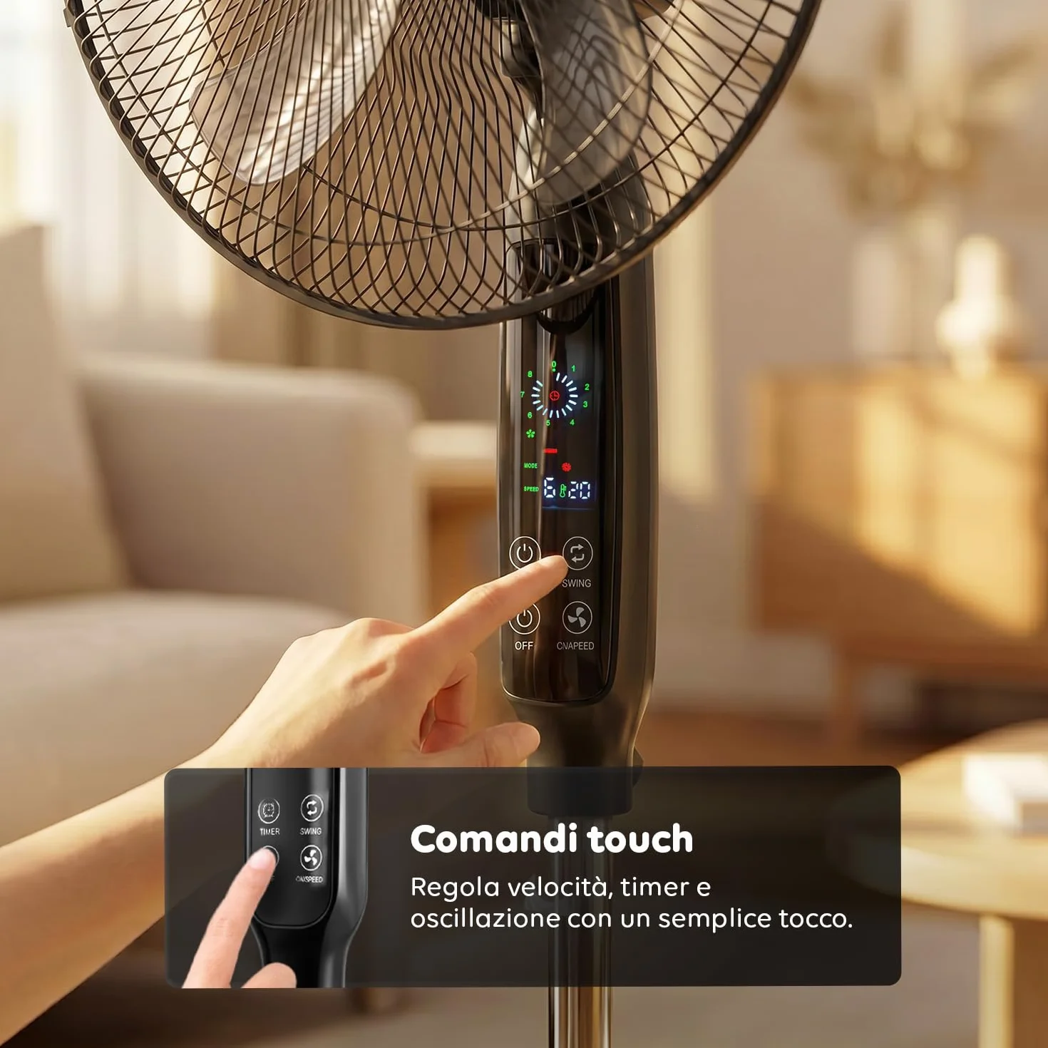 Wintem - Ventilatore a Piantana 40 cm con Telecomando – Altezza Regolabile da 125 a 135 cm – 6 Velocità, Timer 7,5H e Comandi Touch – Piantana Silenziosa 40W (Nero)
