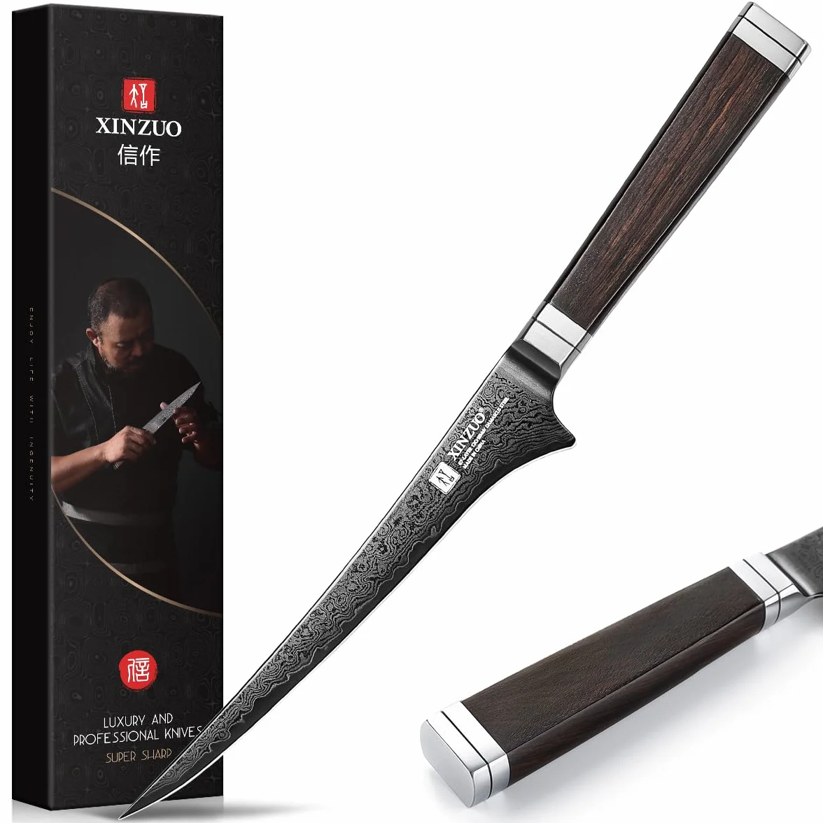 XINZUO 18,4cm Coltello per Sfilettare da Cucina Acciaio Damasco a 67 Strati-Lama Nera -Professionale Coltello da Filetto Cucina Bordo Disossare Pesce e Carne -Manico in Legno di Ebano