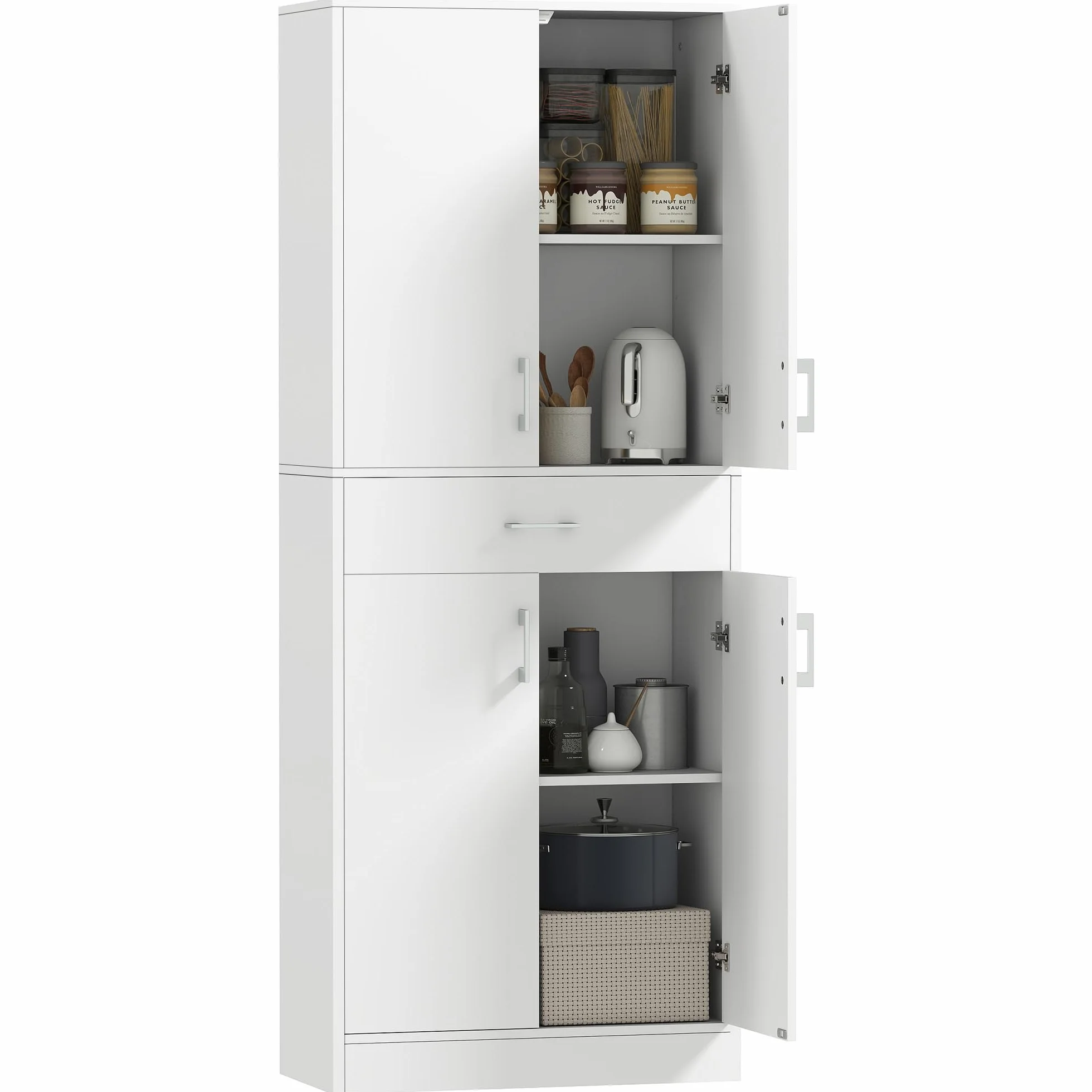 HOMCOM Credenza Cucina Alta, Mobile Dispensa con 2 Armadietti e Cassetto Grande, Mobile Cucina con Ripiani Regolabili, per Sala da Pranzo, Soggiorno, Salotto, 70.8x34x180 cm, Bianco