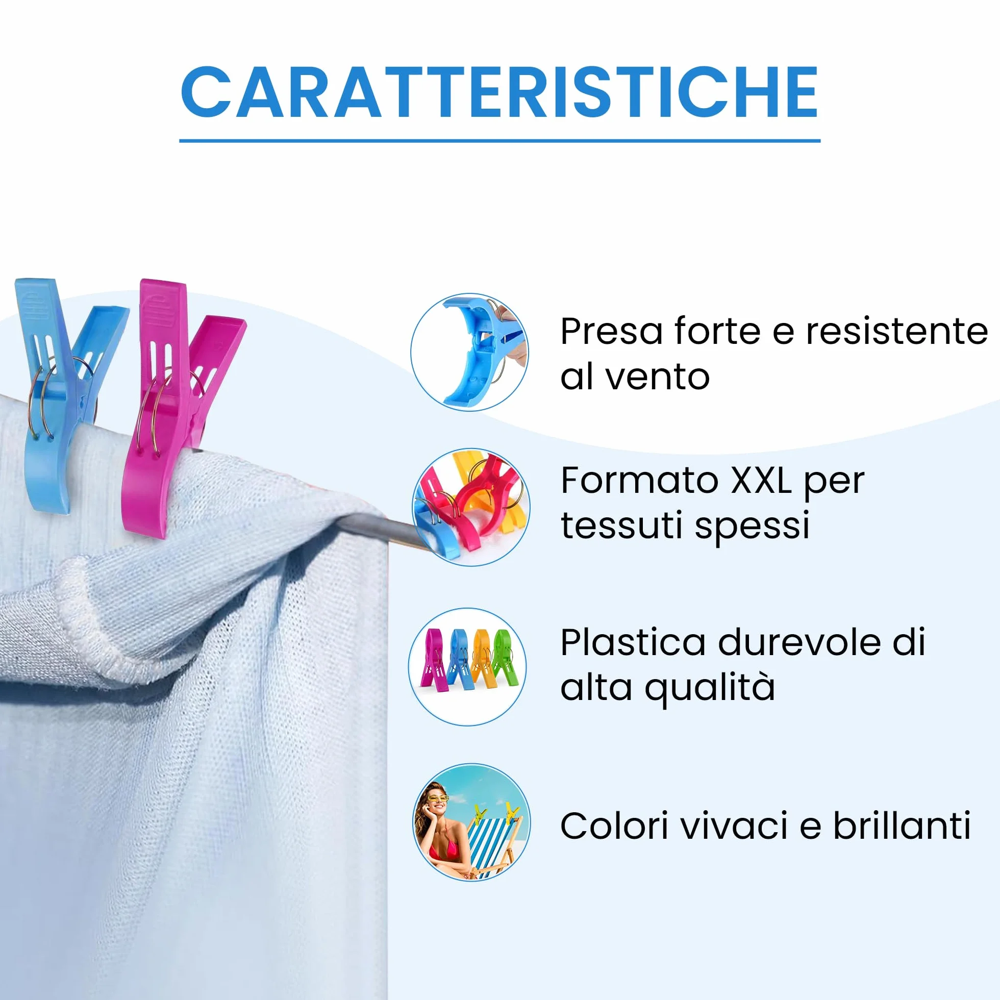 8x Mollette Grandi Antivento per Telo Mare Mollettoni da Spiaggia per Lettini Sdraio Asciugamani Plastica XXL - 8 Pezzi 4 Colori