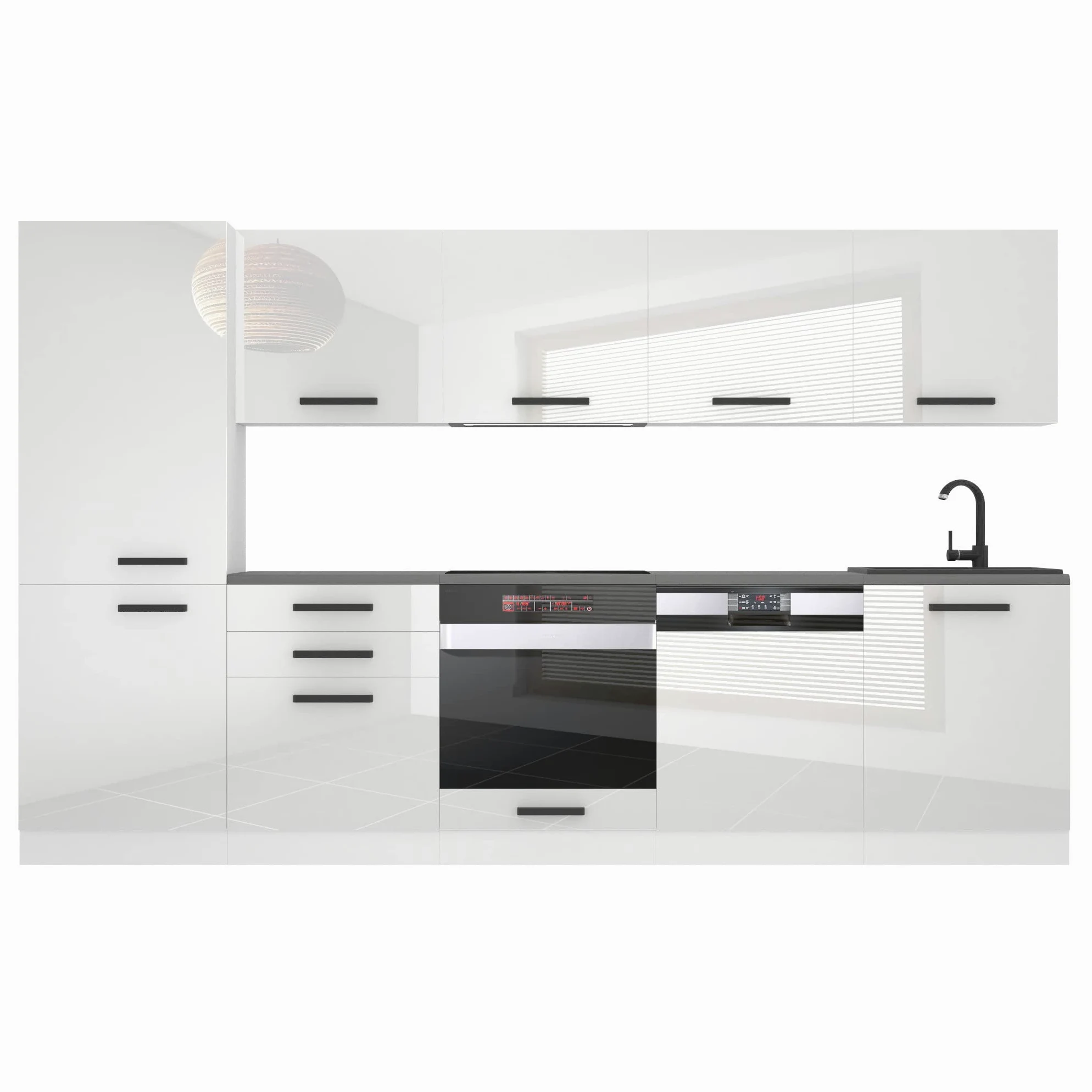 Belini, Rose - Cucina monoblocco, 300 cm, cucina componibile, senza elettrodomestici, con armadietti pensili e mobiletti, senza piani di lavoro, bianco lucido