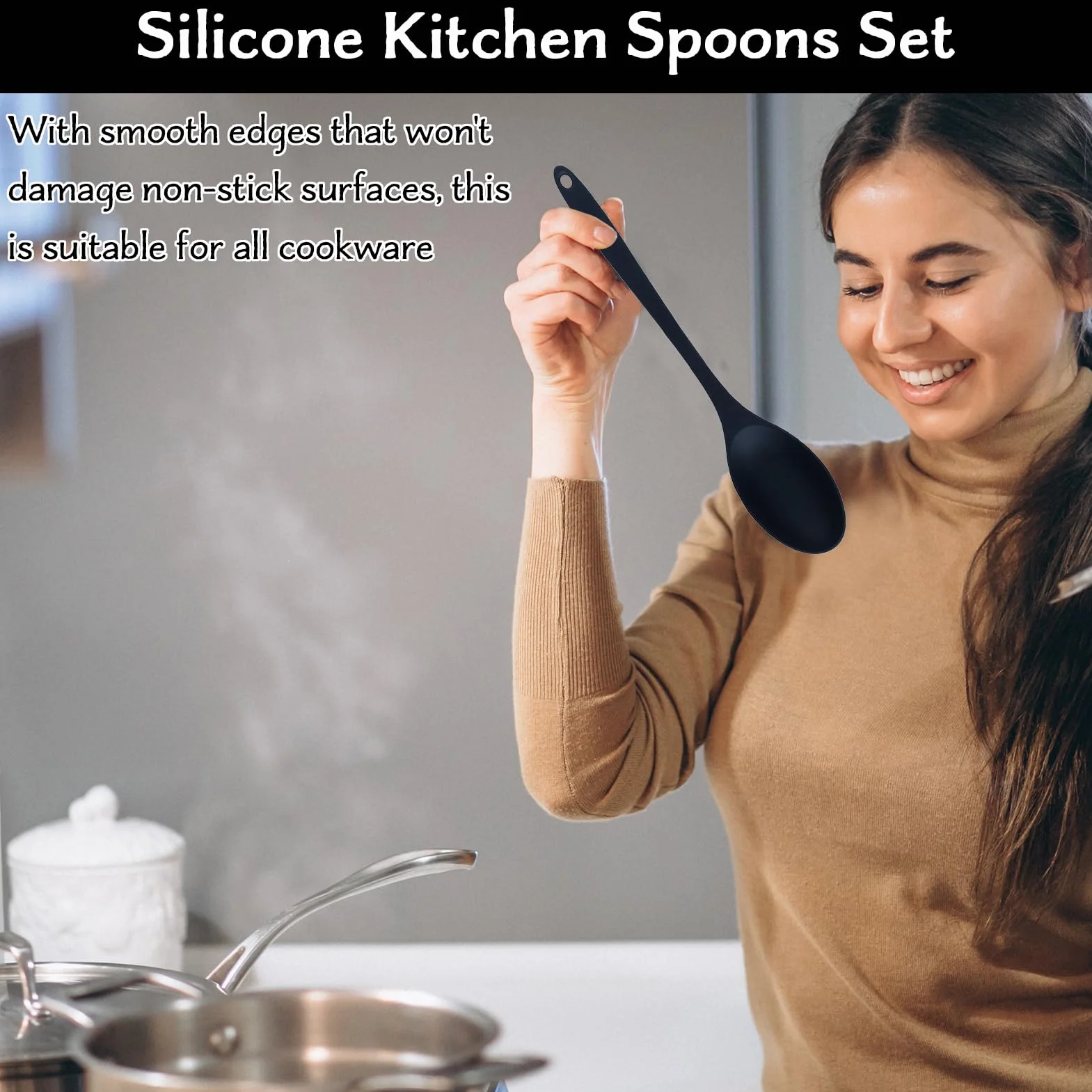 Set di Utensili da Cucina in Silicone 4 Pezzi Cucchiaio da Cucina Antiaderente Mestolo 27,5 cm