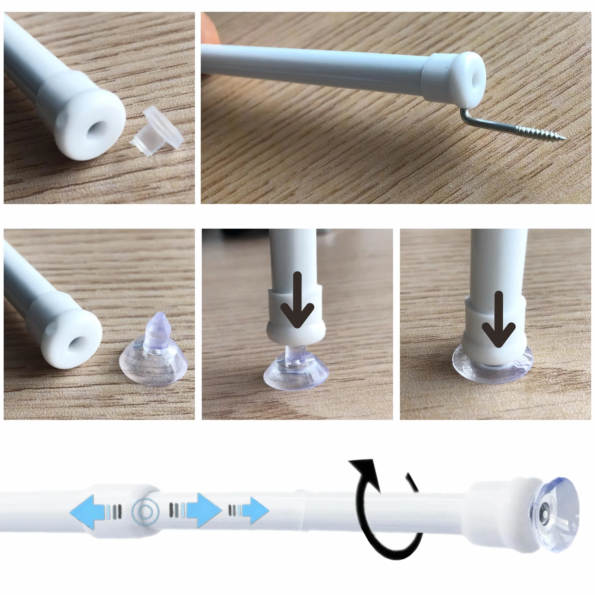 Aste per Tende Senza Forare Bistrot Con Morsetto Ventose Viti 30-45 cm Bianco Confezione da 2