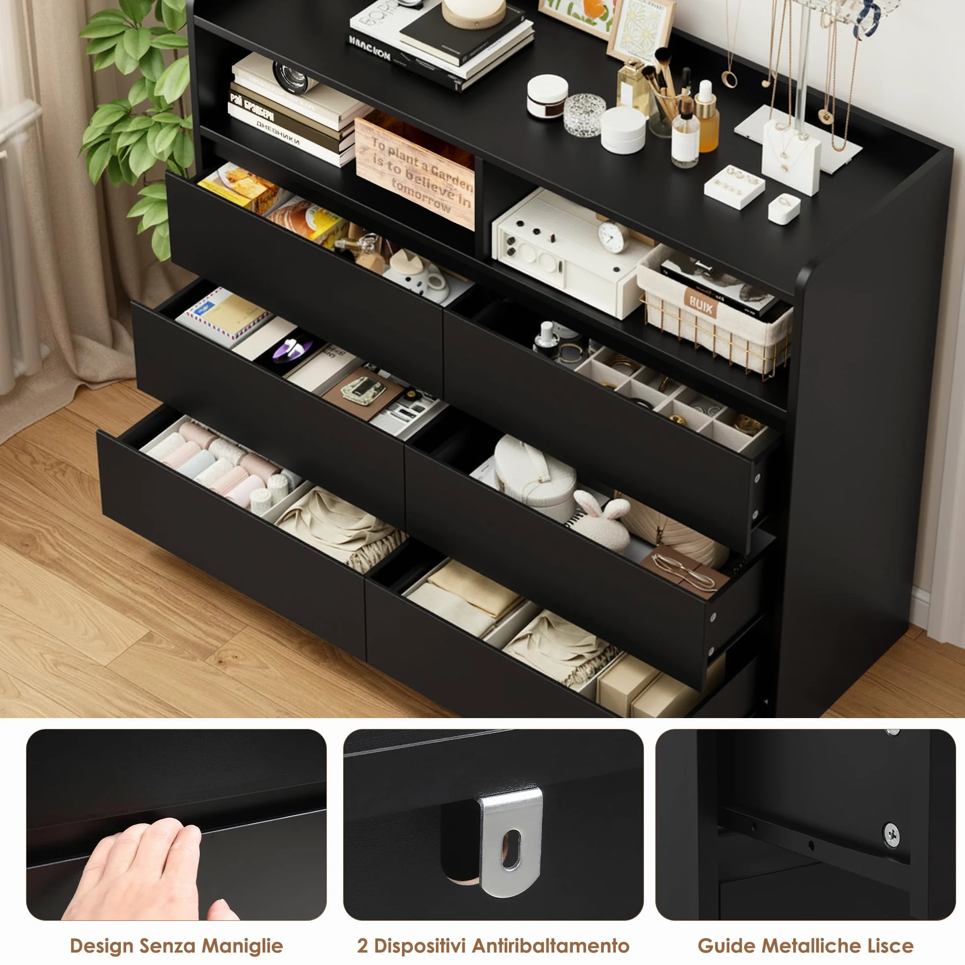 FOREHILL Cassettiera Camera da letto, Cassettiera con 6 Cassetti, Comò con 2 Scomparti Aperti Moderno, per Camera da Letto, Corridoio, Soggiorno, Ufficio, 120x40x100cm (Nero)