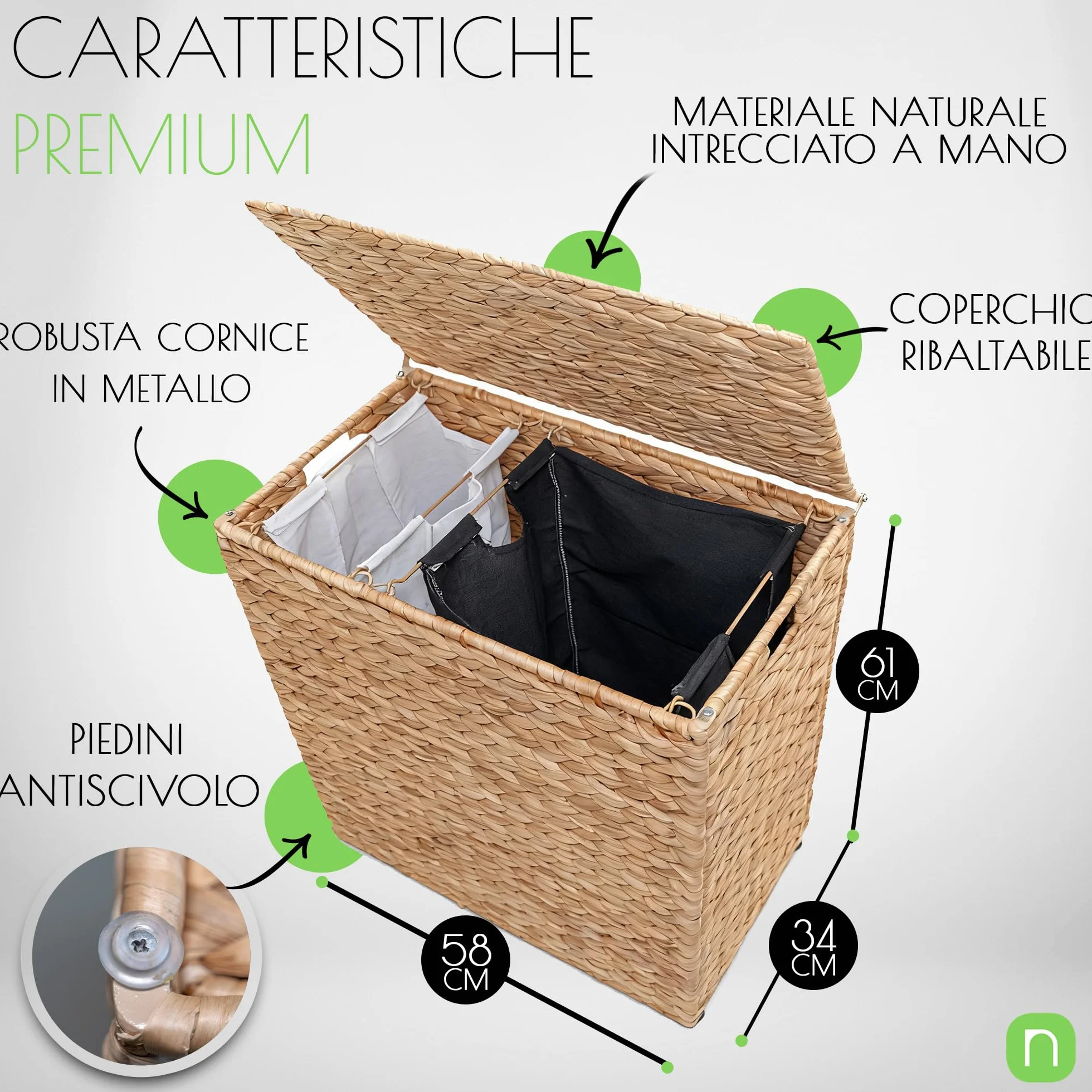 Naturlik Cesto Portabiancheria 120L XXL – 2 Scomparti in Giacinto d’Acqua Naturale Senza Plastica. Cesta Biancheria Pieghevole con Coperchio e Sacchi Rimovibili