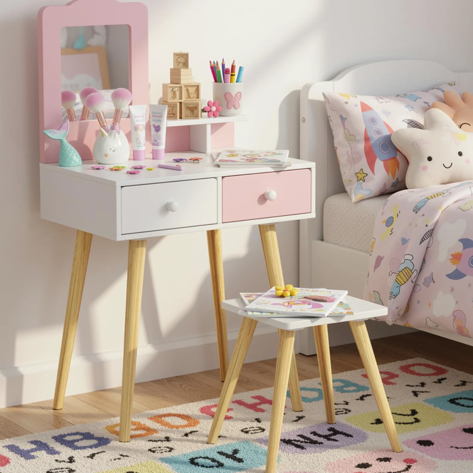 Clevich 2 in 1 Toeletta Trucco Bambina, Toeletta per Bambini con Specchio, 2 Cassetti, Scrivania in Legno con Sgabello, Robusto e Durevole, per Bambini dai 3-8 Anni, Rosa