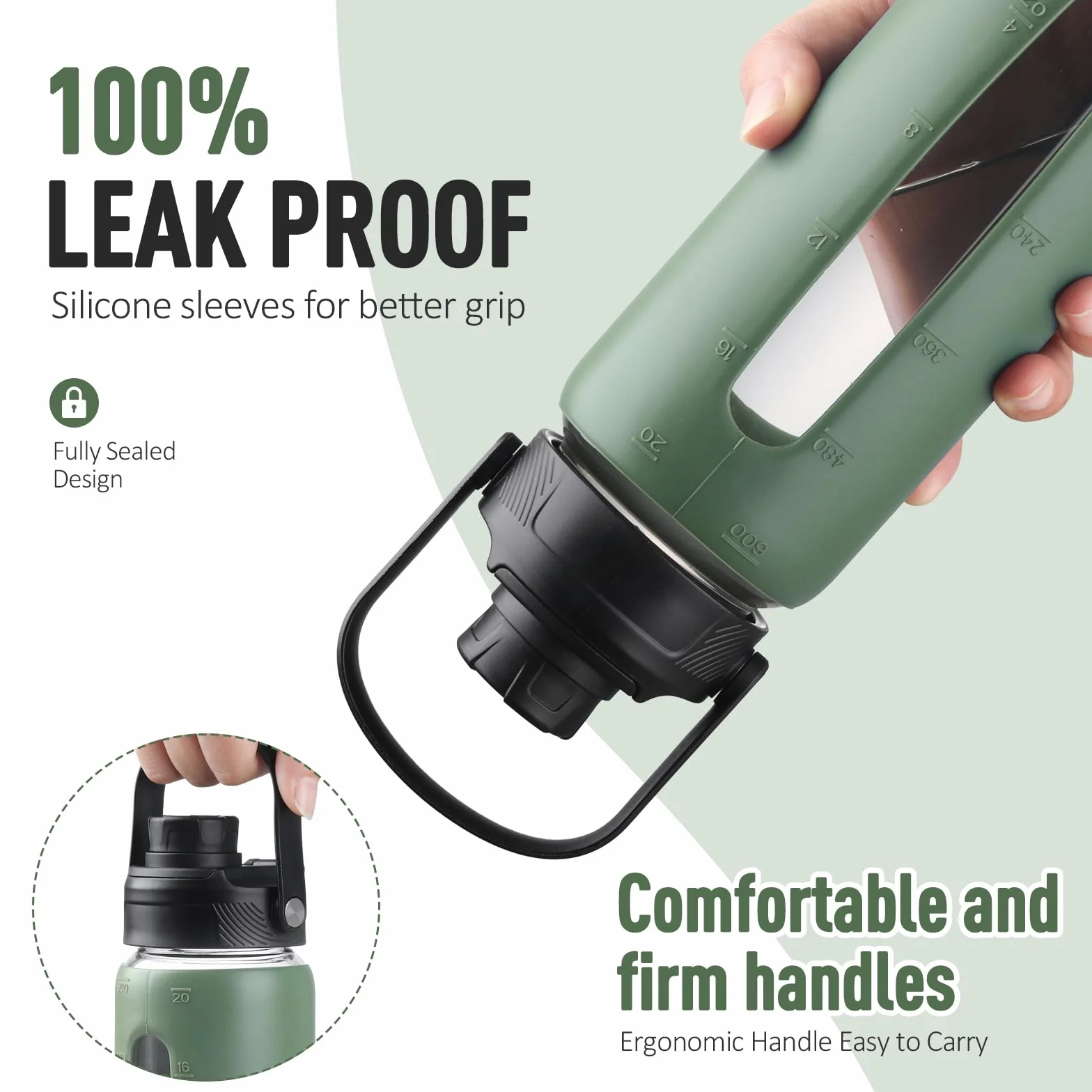 BLUEGO Borraccia in vetro 600ml con cannuccia 2 coperchi, tazza caffè in vetro custodia silicone, senza BPA, Verde oliva
