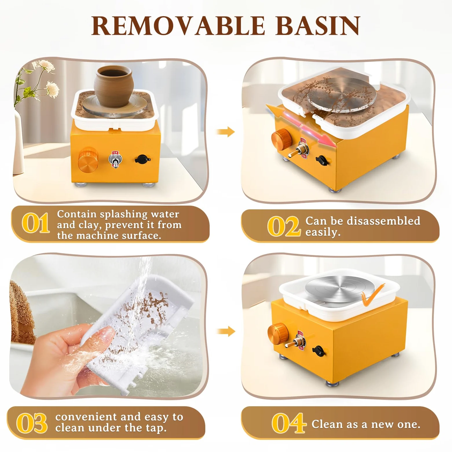 Tornio per Ceramica, Kooeuru Tornio per Argilla 2000 giri/min Velocità Regolabile con Piastre da 10/6,5 cm, Strumenti di Modellatura e Vasca Rimovibile, Tornio Ceramica per Bambini e Adulti, Giallo