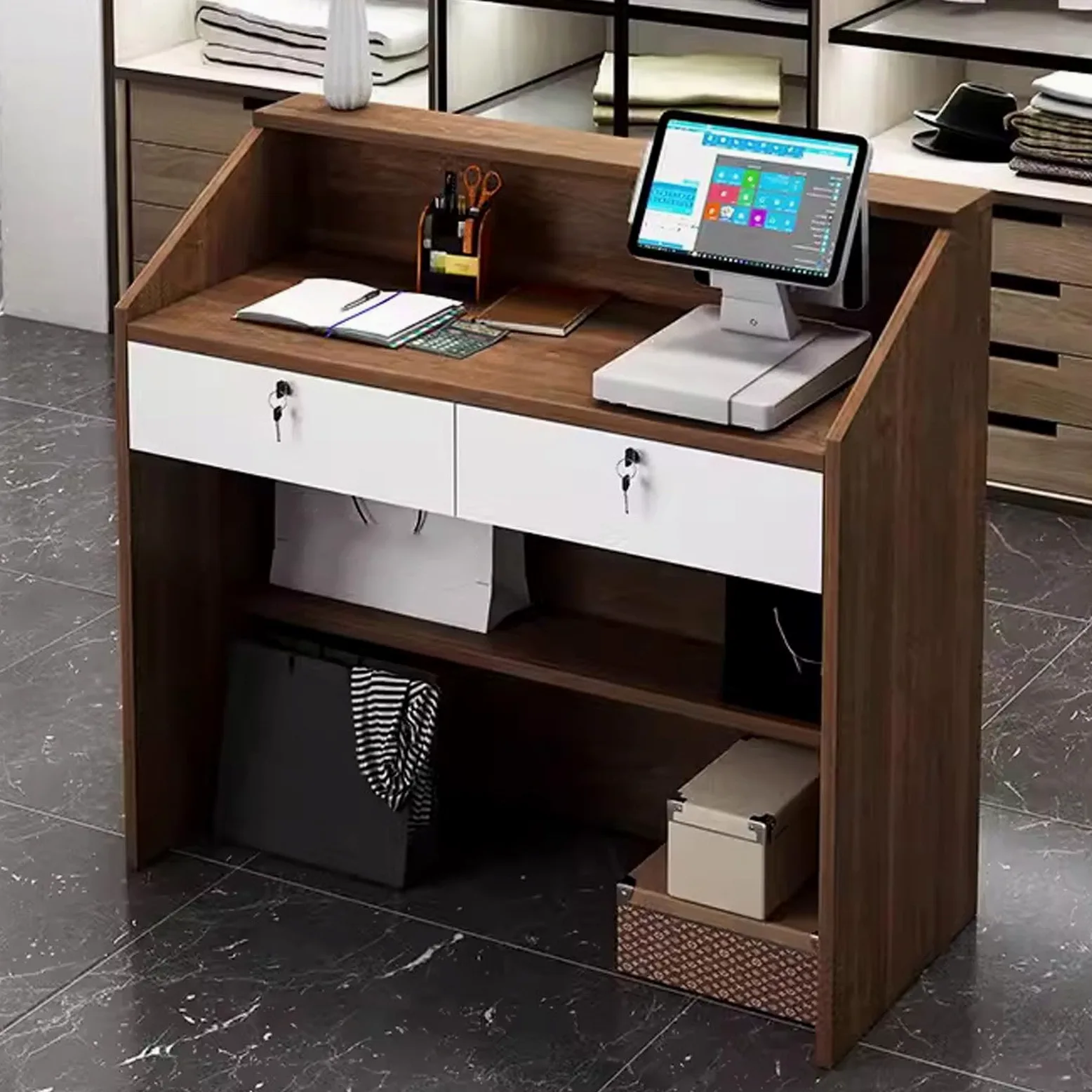 Scrivania da reception con serratura con contenitore, elegante tavolo per reception per ufficio e salone, postazione di lavoro moderna per reception professionale