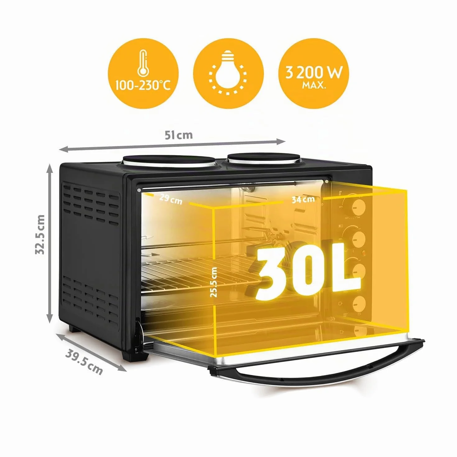 TZS First Austria - Mini Forno con fornelli 30L 3200 W - Fornetto per pizza con piastre fino a 230°C e 6 modalità di riscaldamento - Multiforno con 4 altezze di inserimento e accessori di alta qualità
