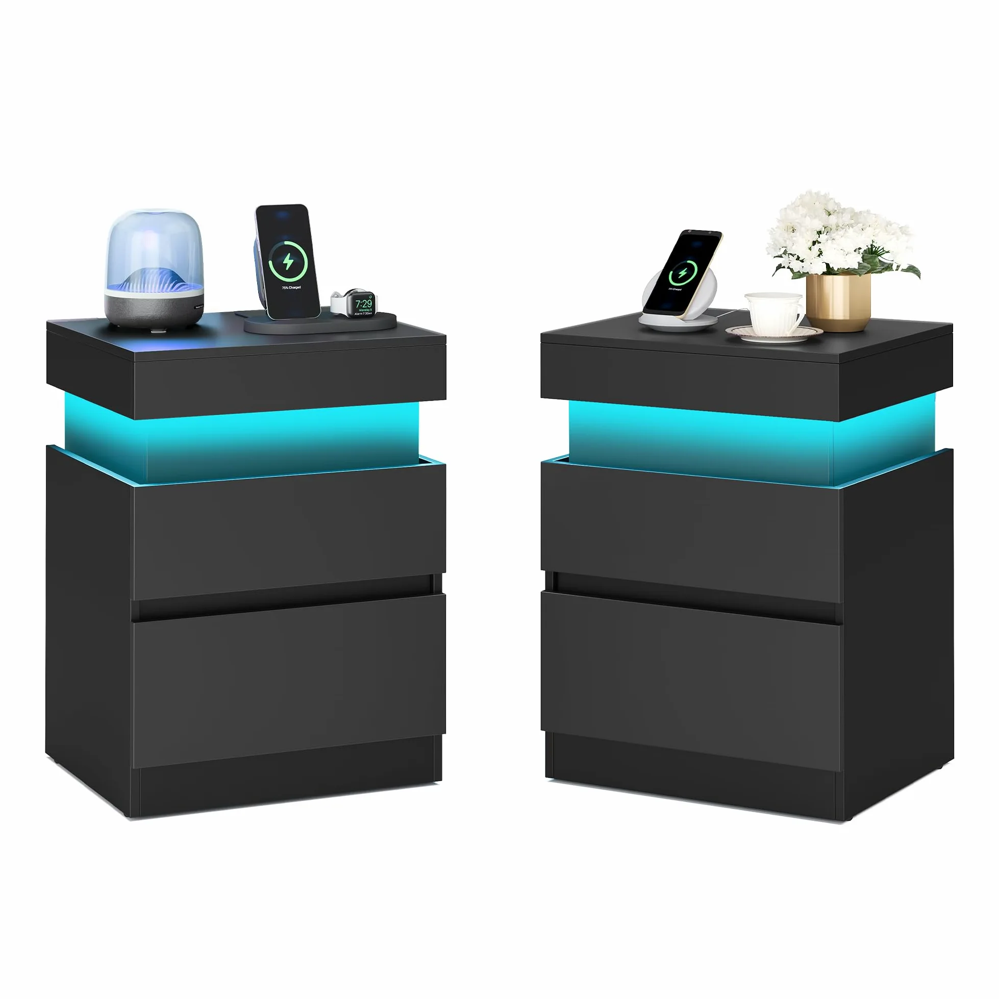 VASAGLE KAILYN Collezione - Comodini con Multipresa, Set di 2, Tavolini con Piano Scorrevole, 2 Cassetti, Striscia LED, Stile Moderno, 35 x 40 x 55 cm, Nero Inchiostro LET840BC01