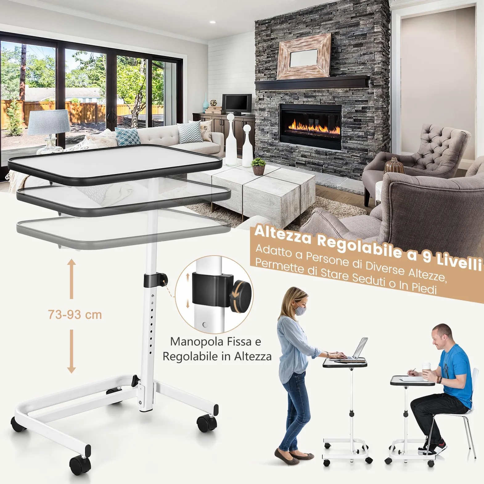 GYMAX Tavolo da Letto Tavolino Laterale con 4 Rotelle Universali, Angolo e Altezza Regolabile, Piano Inclinabile, a Forma di C, per Soggiorno, Camera da letto, Ospedale (Bianco)