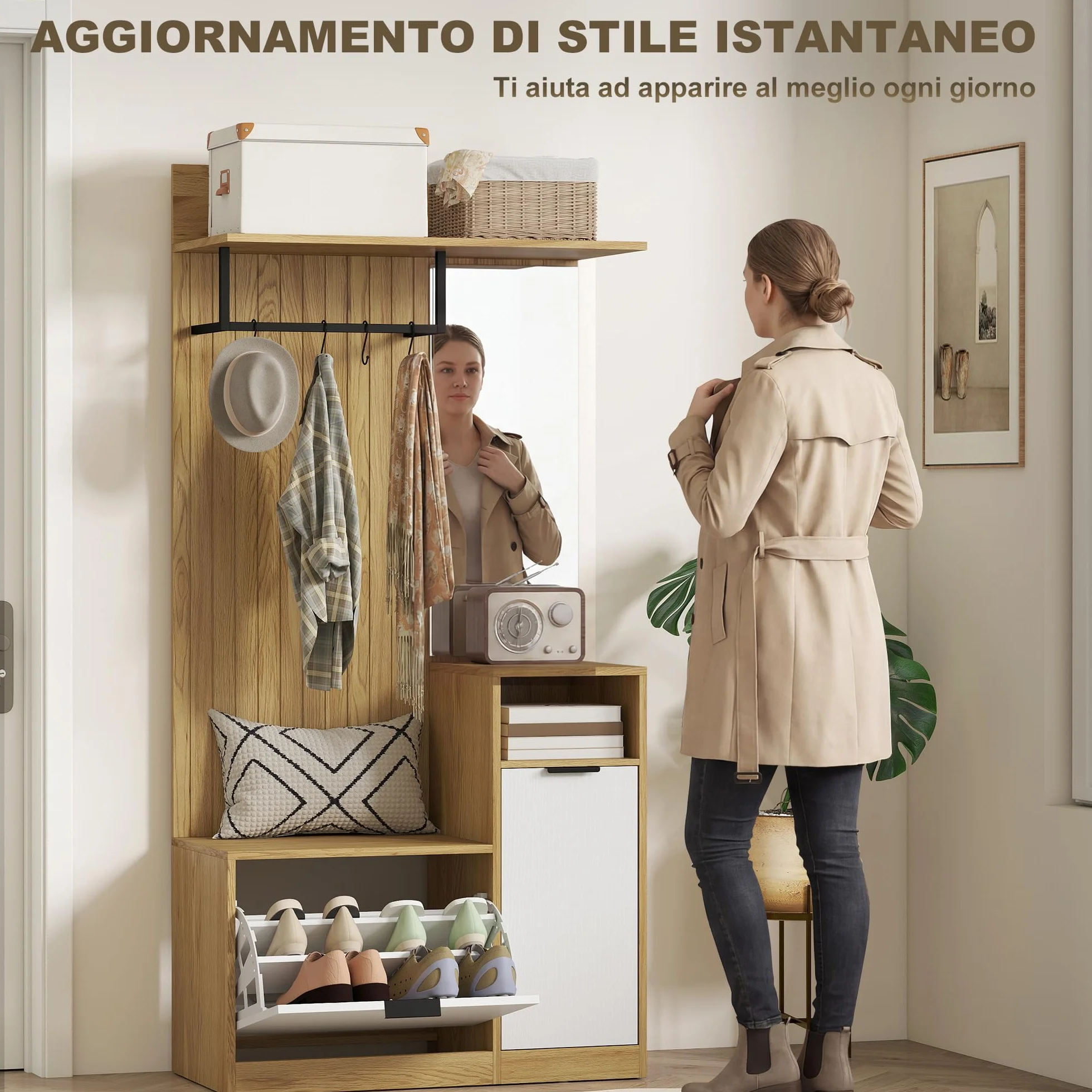 HOMCOM Appendiabiti da Ingresso con Specchio, 4 Ganci, Panca e Scarpiera, Mobile Appendiabiti con Armadietto e Ripiano Aperto, Gambe in Legno, per Ingresso Corridoio, Rovere e Bianco