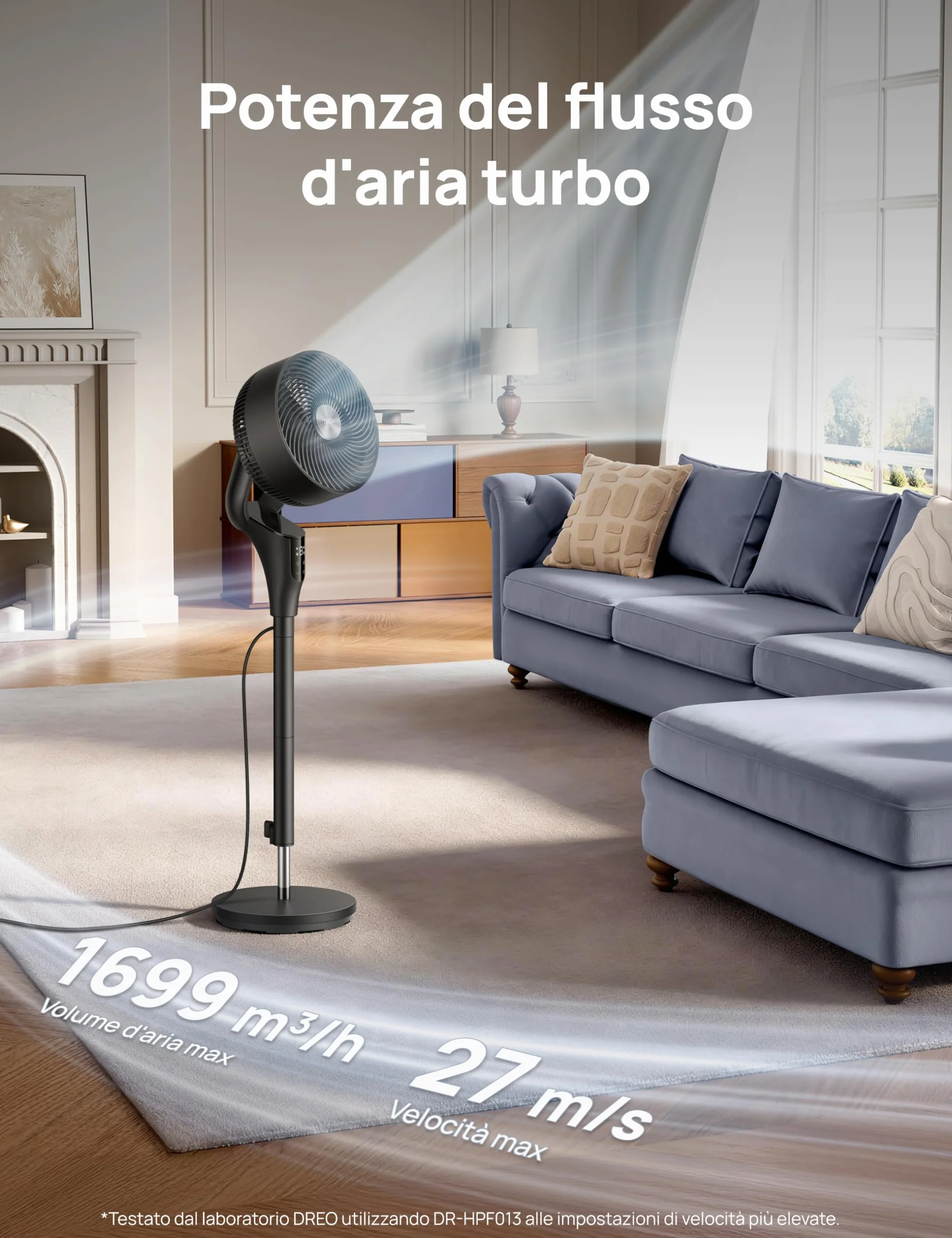 DREO Ventilatore a Piantana Silenzioso per Camera da Letto [Aggiornato], Flusso d’Aria 27m, 20dB, Oscillazione 90°, Motore DC, 8 Velocità, 3 Modalità, Altezza 96–106cm, Timer 8H, Inclinazione 105°