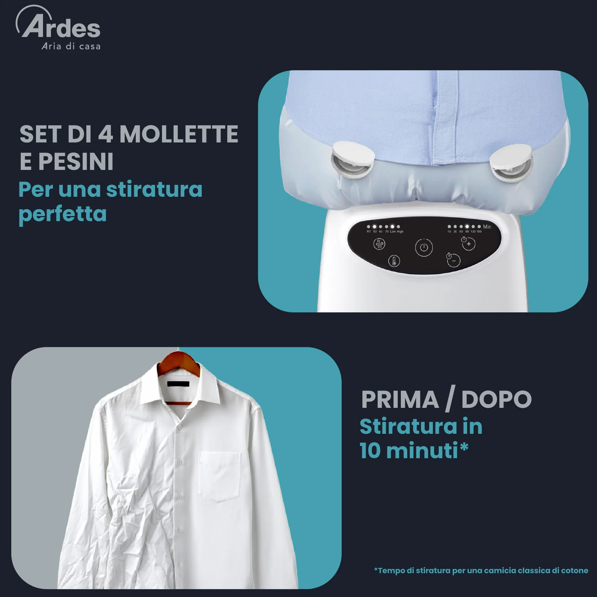 Ardes BLOWY PRIME Stiratrice Automatica e Manichino di Asciugatura 2 in 1, Stiratura Verticale senza Pieghe, 4 Clip di Peso, Timer e Schermo Digitale