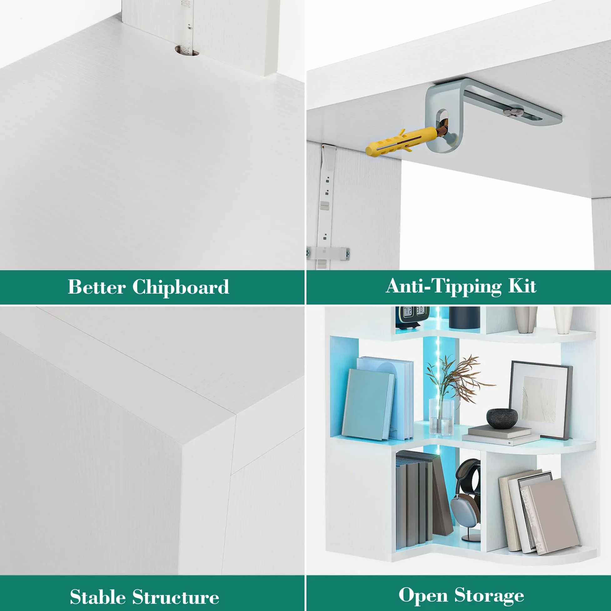 YITAHOME Libreria angolare a 6 ripiani con LED, a forma di L, scaffale angolare, scaffale da pavimento, per ufficio, studio, soggiorno, camera da letto, 64 x 41,5 x 159,5 cm, bianco