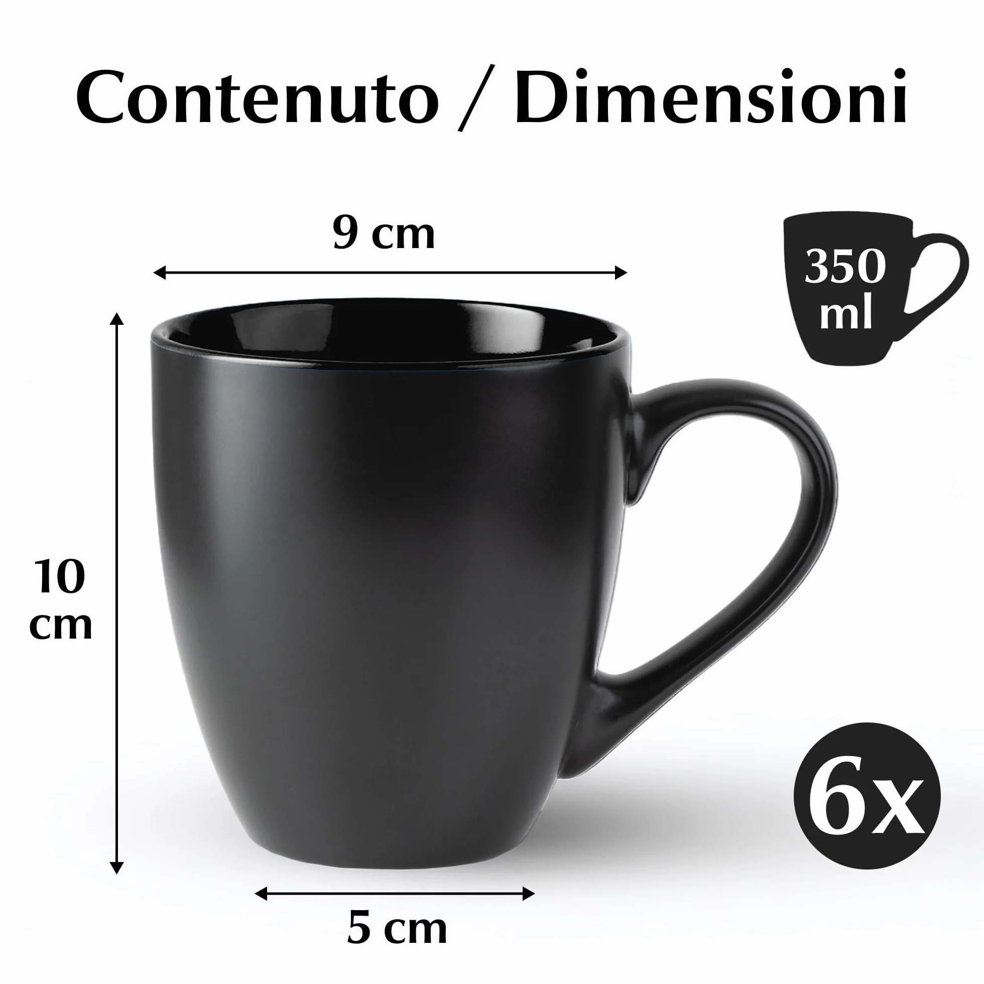 MIAMIO Le Papillon Collezione Set di Tazze da Caffè 6 x 350 ml Nero