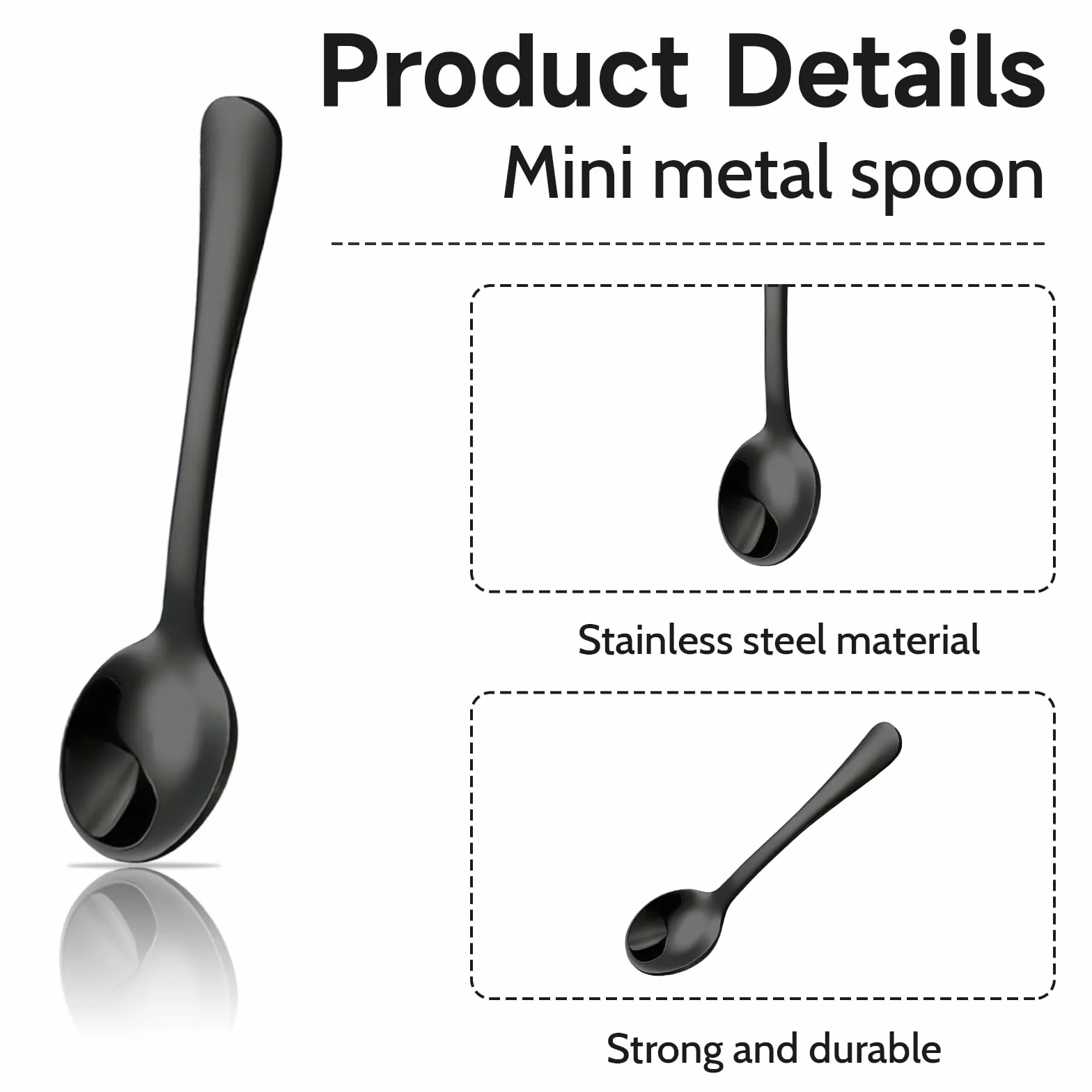 GlamRays 8 Pezzi Piccoli Cucchiai in Acciaio Inox per Barattoli Spezie, Mini Dimensione 7,5CM, Adorabili Piccoli Cucchiai Acciaio Inox per Spezie, Sale, Piccole Palettine Divertenti (Nero)