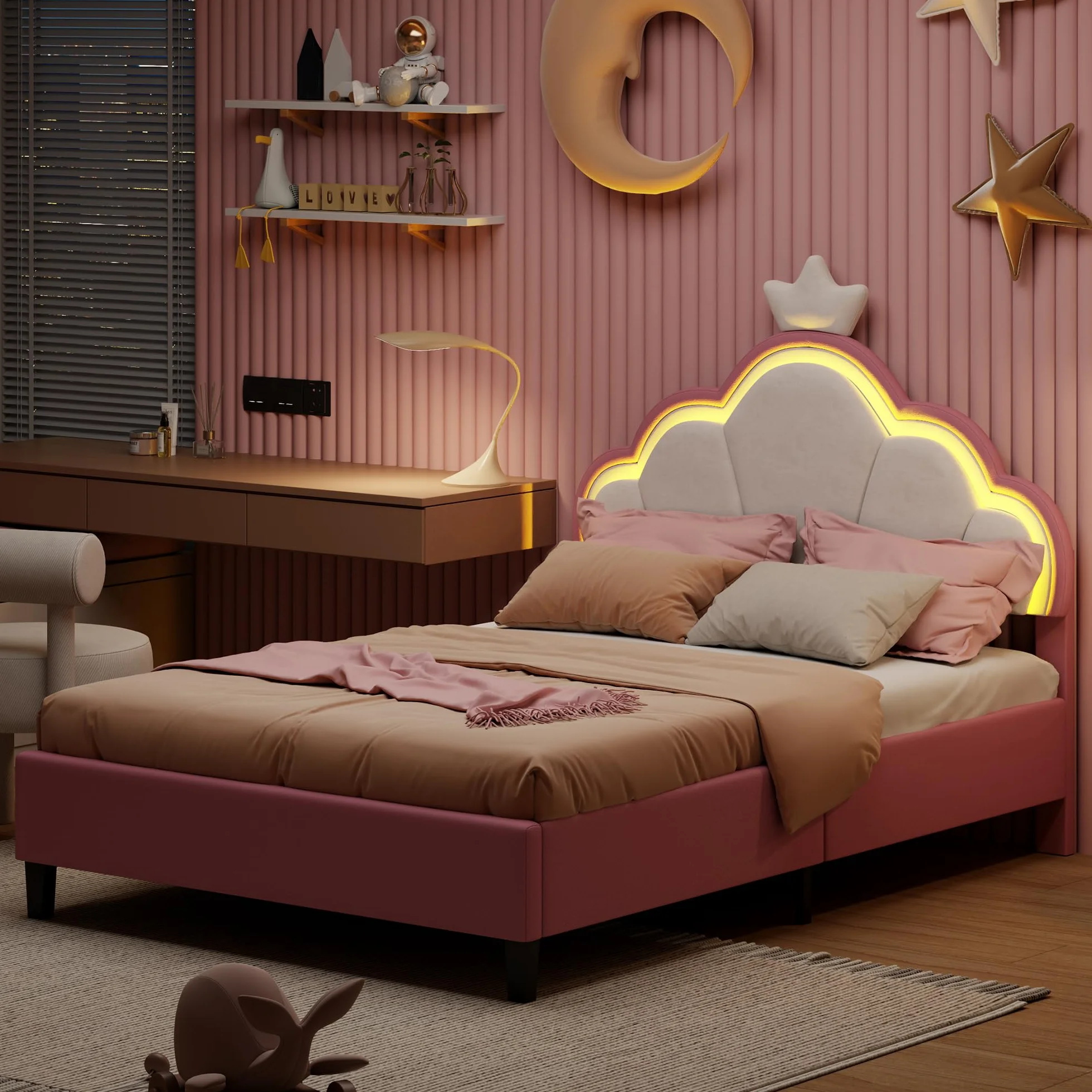 Letto matrimoniale per bambini 140 x 200 cm, letto da ragazza principessa con LED, testiera regolabile a forma di corona, telaio del letto imbottito con rete a doghe, per bambini e adulti