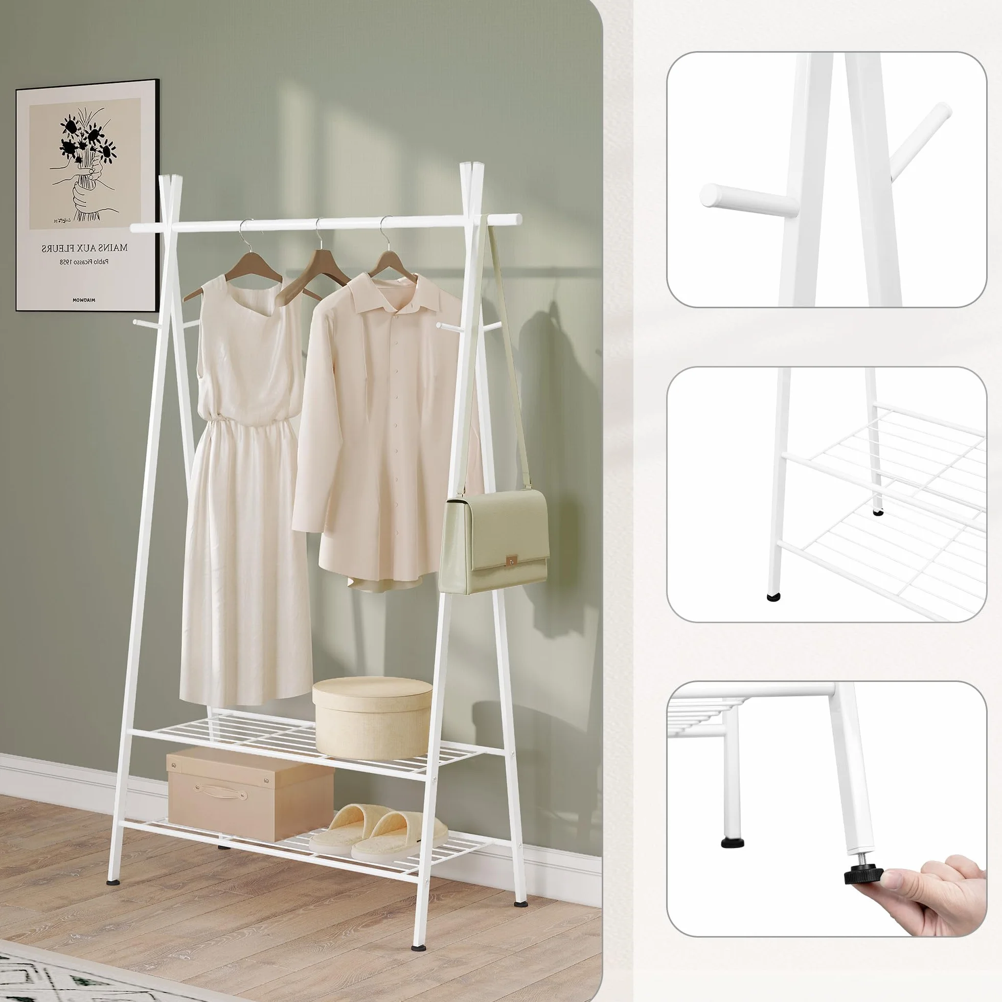 Stand Appendiabiti Moderno con Ganci e 2 Ripiani in Metallo, Bianco