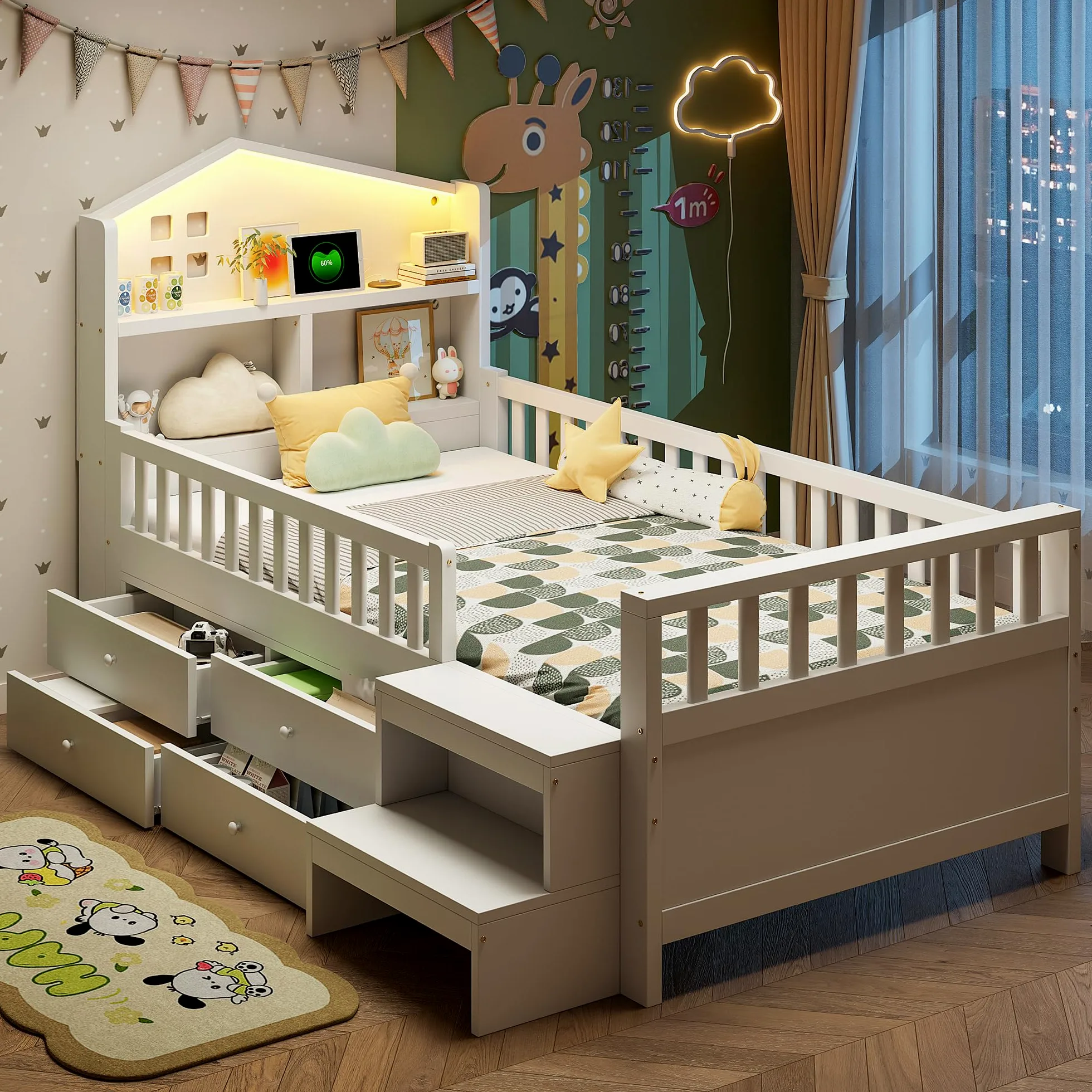 Soweiz Letto per bambini 90x200 cm, letto singolo con sponda di sicurezza, con quattro cassetti, con gradini, letto in legno massiccio con rete a doghe (bianco)