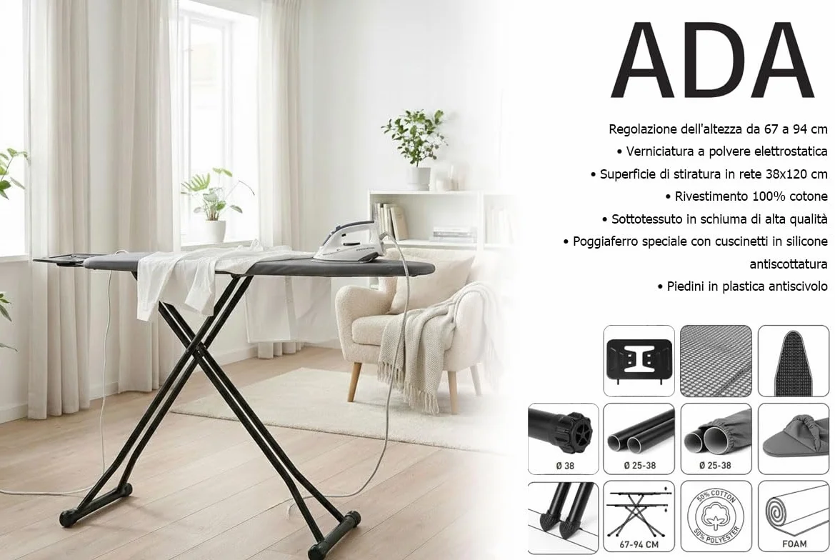 HYTAMA TOOLS Asse da stiro in Acciaio Nero ADA 38x120 con Poggiaferro e Piedini antiscivolo, altezza regolabile 2 posizioni