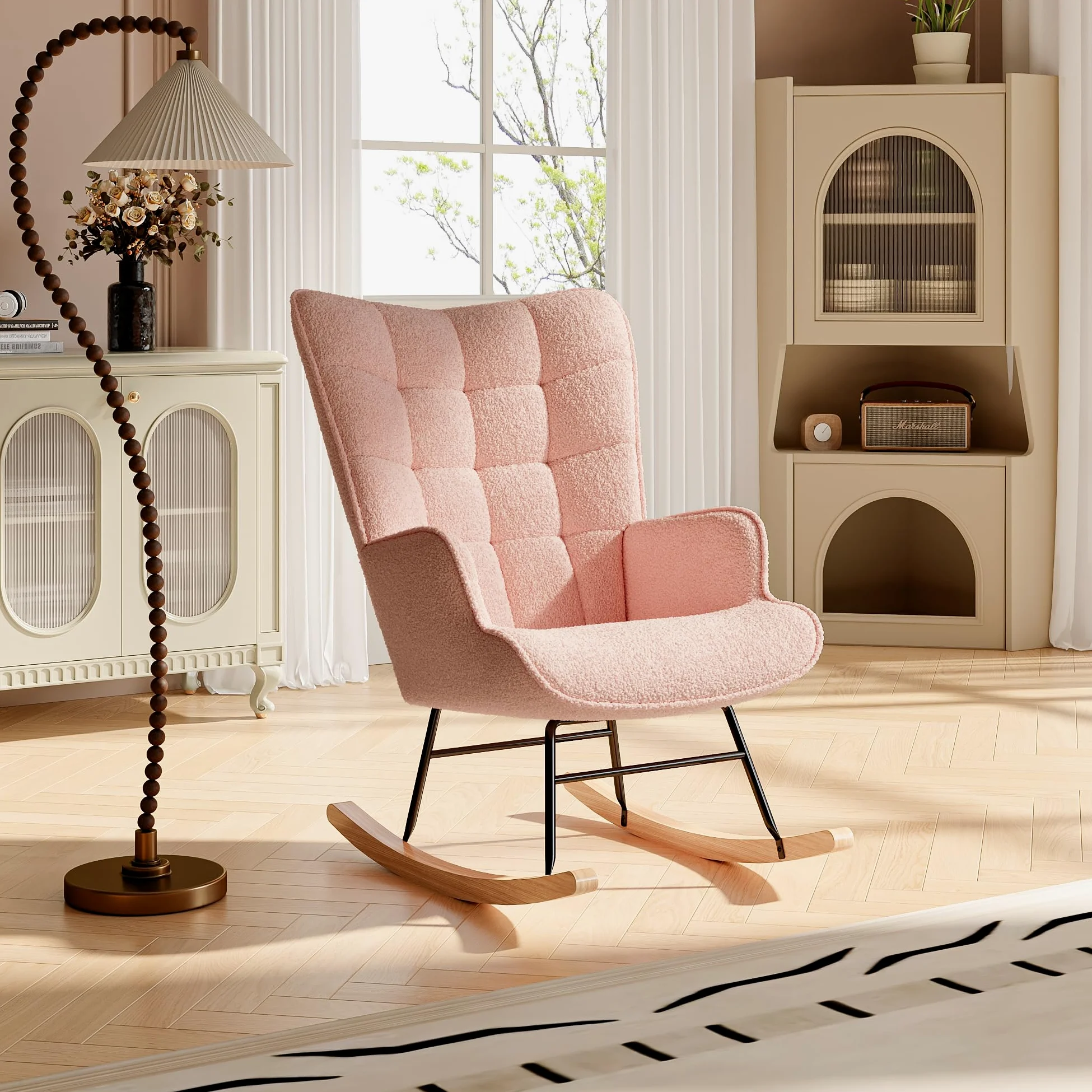 Sedia a dondolo, sedia a dondolo, imbottita, per soggiorno, camera da letto, portata fino a 130 kg, rosa, 75 x 68 x 92 cm