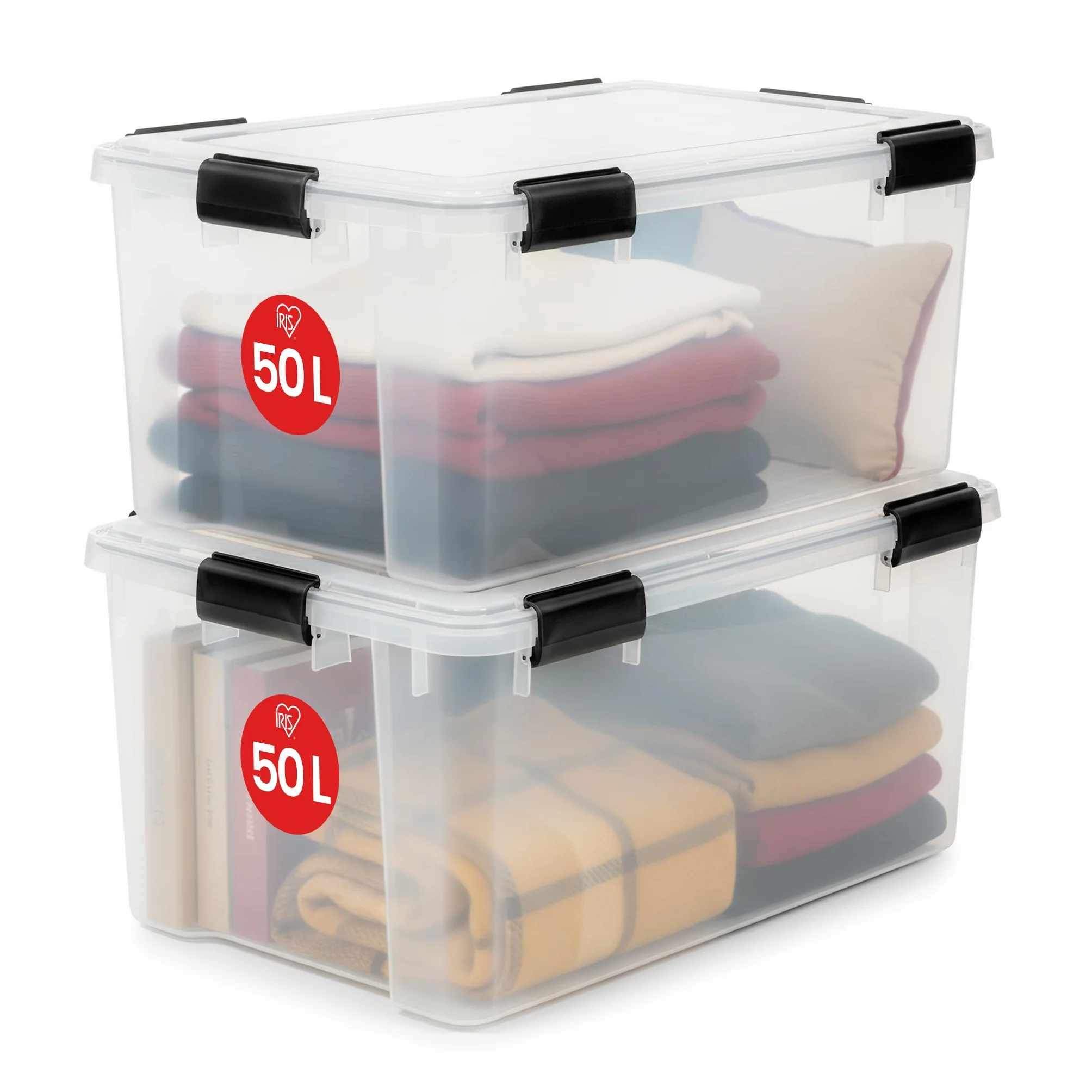Iris Ohyama Scatole Portaoggetti Ermetiche 50L Set 2 Trasparente Coperchio Impermeabile Impilabile Antipolvere Senza BPA
