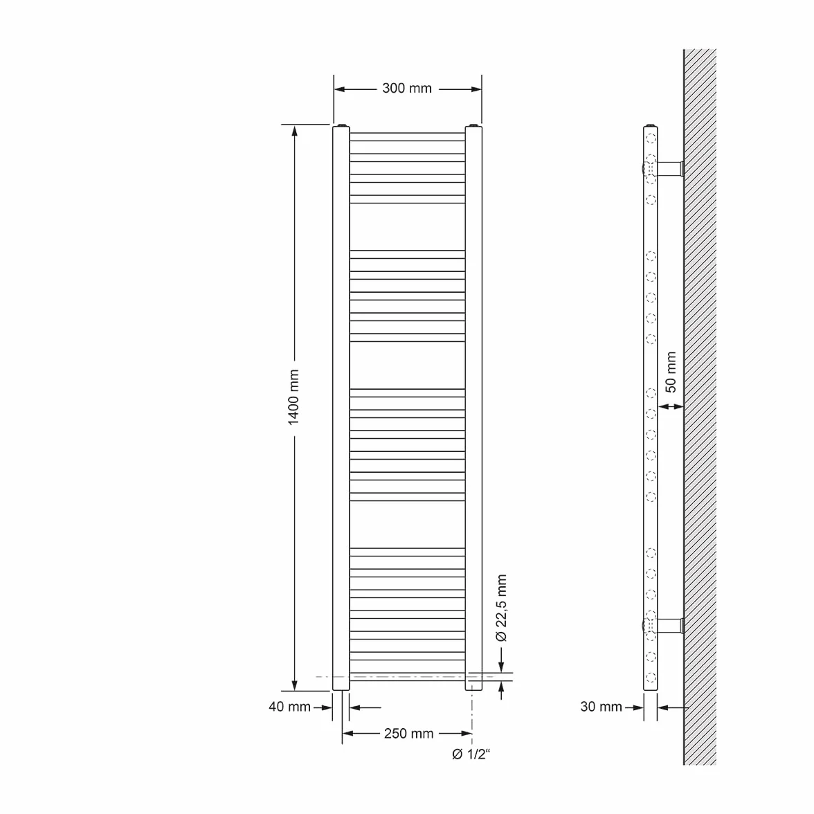 ECD Germany Radiatore Scaldasalviette Elettrico 900W Termoarredo da Bagno Moderno in Acciaio Bianco - 300 x 1400 mm - Bianco - Dritto con Attacco Laterale - Scaldasalviette 300x1400 mm 900W