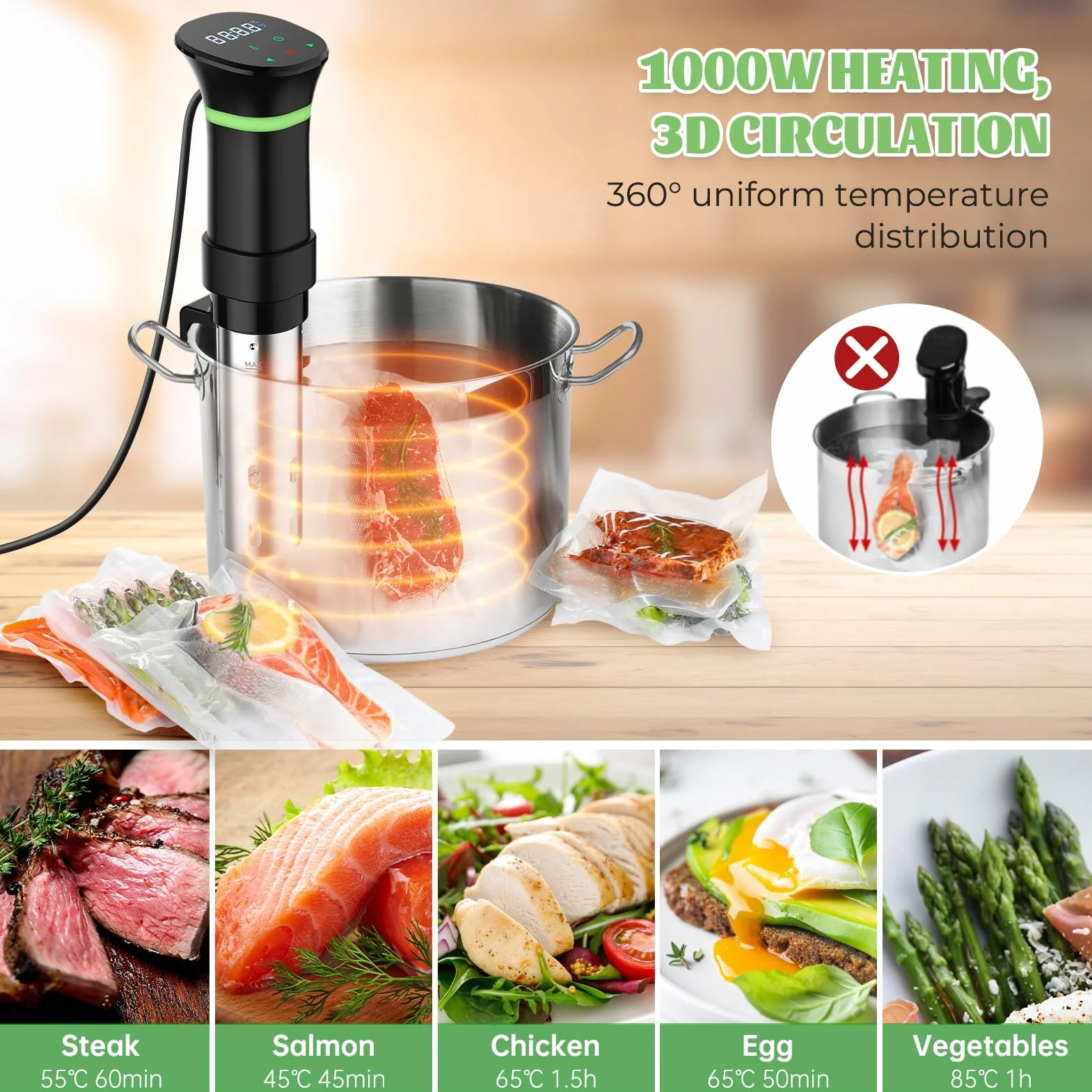 Sous Vide Garer Stick in acciaio inox 1000 W z wyświetlaczem LED, regulacją temperatury i timerem, szary